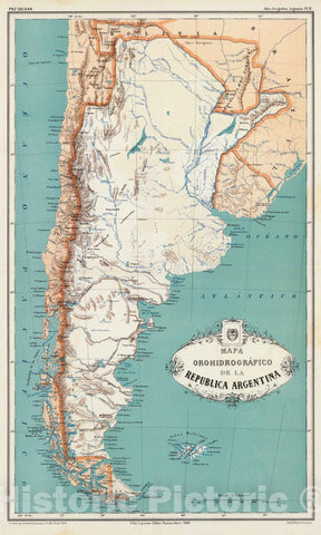 Historic Map : Argentina, 1888 Mapa orohidrografico de la Republica Argentina. , Vintage Wall Art