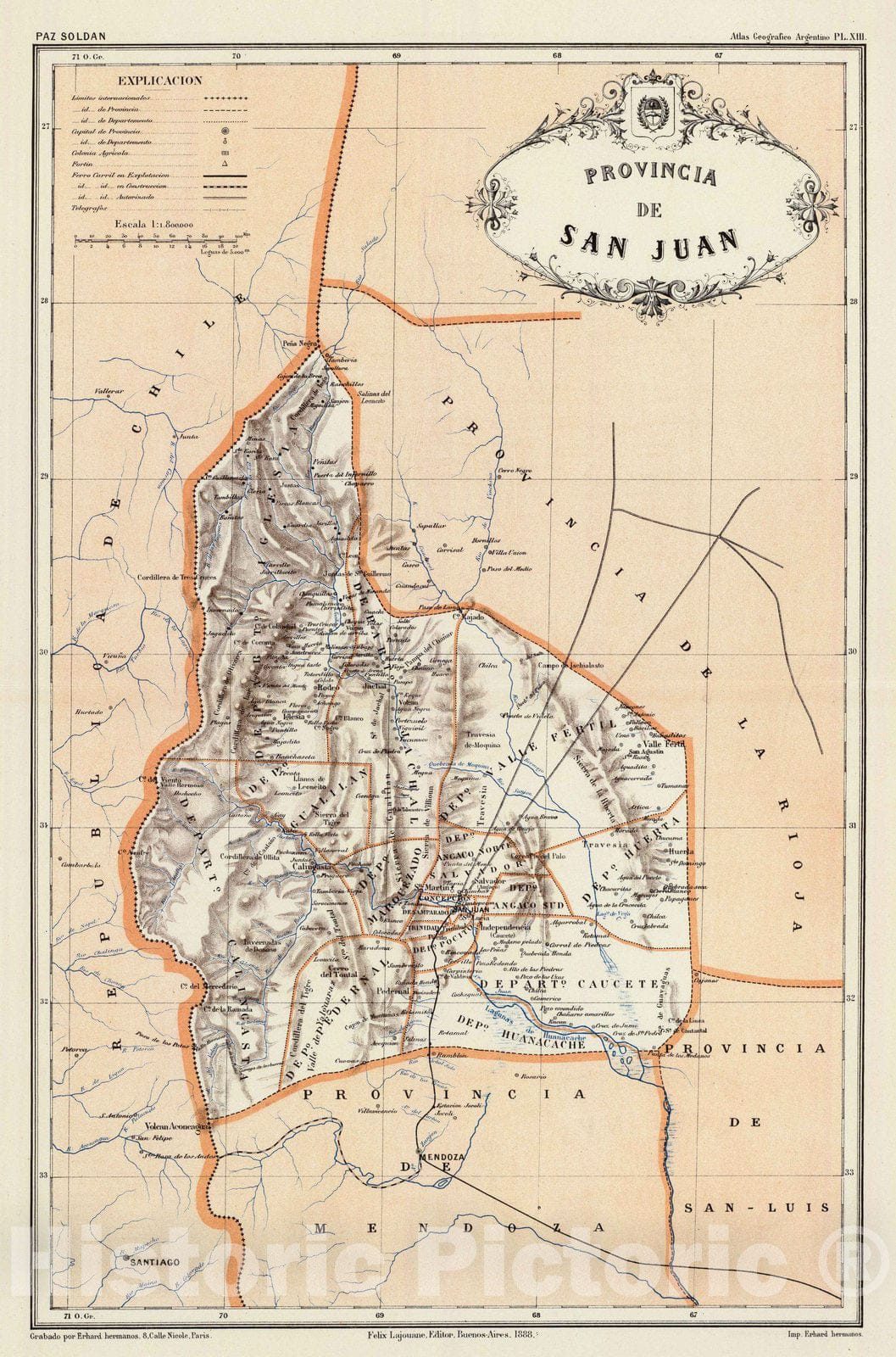 Historic Wall Map : Argentina, San Juan (Argentina : Province) 1888 Provincia de San Juan. , Vintage Wall Art