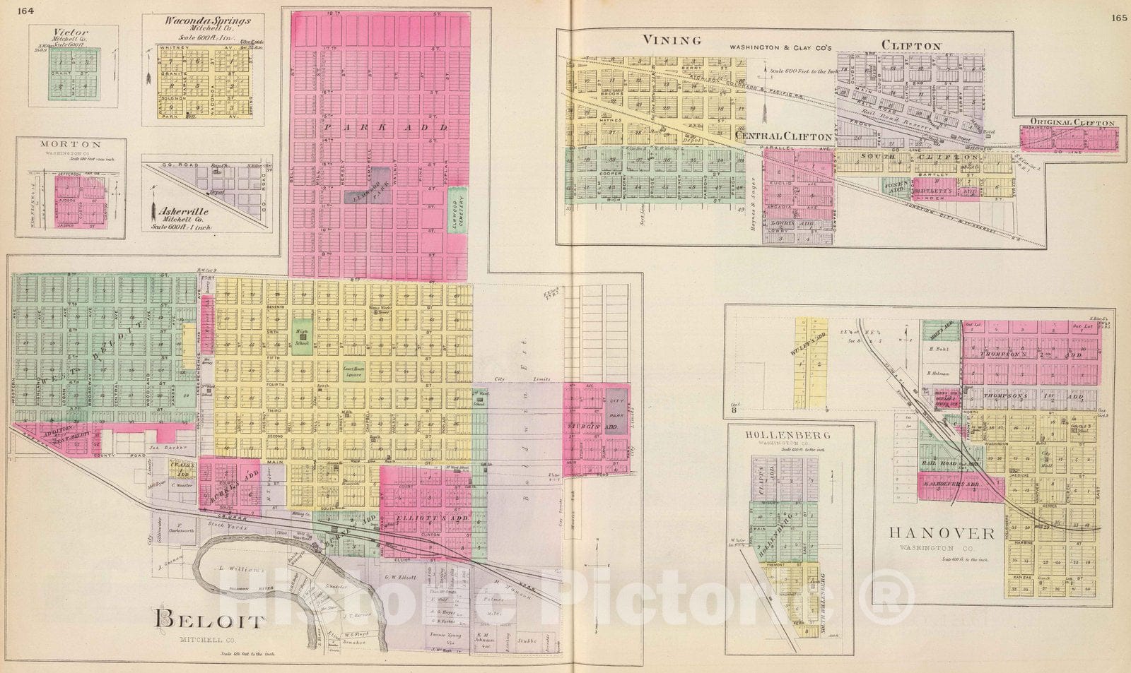 Historic Wall Map : 1887 Beloit, Victor, Waconda Springs, Morton, Asherville, Vining, Clifton, etc. - Vintage Wall Art