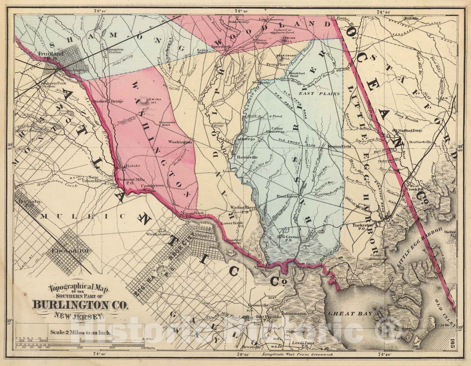 Historic Map : 1872 S. Burlington Co, N.J. - Vintage Wall Art
