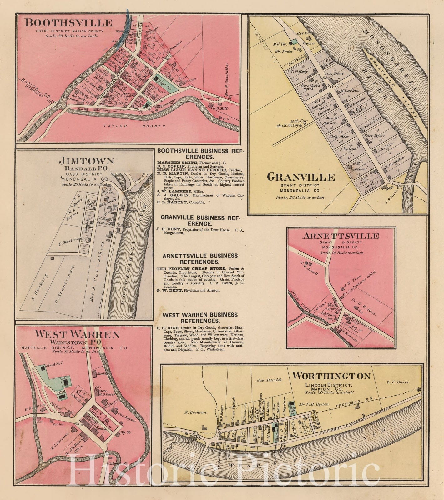 Historic Map : 1886 Boothsville, Jimtown, West Warren, Granville, Arnettsville, and Worthington, West Virginia. - Vintage Wall Art