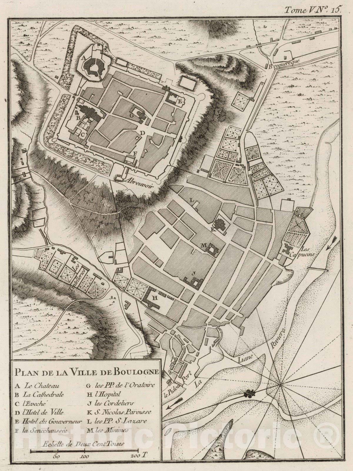 Historic Map : France , Boulogne France, 1764 Plan de la ville de Boulogne. , Vintage Wall Art