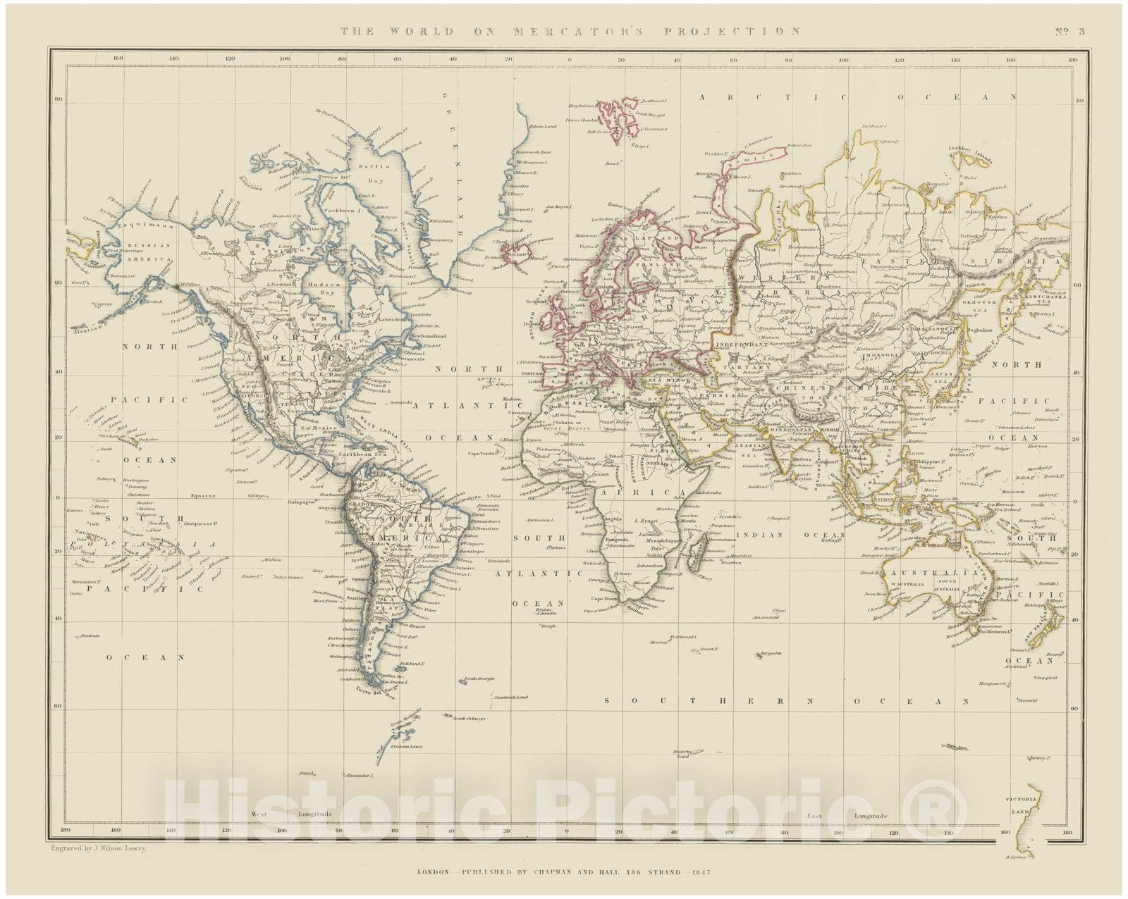 Historic Map - World Atlas - 1847 World in Mercador's Projection. - Vintage Wall Art