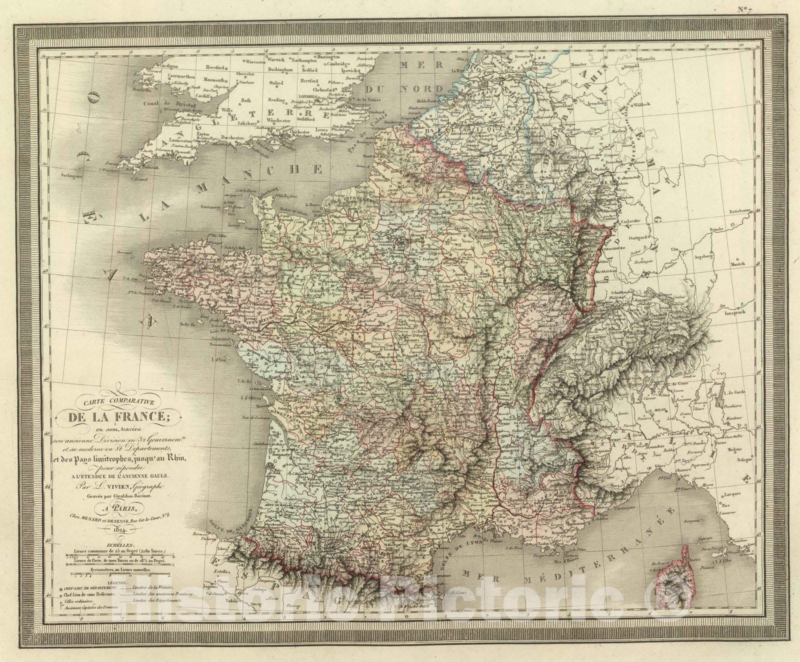 Historic Wall Map : 1824 France. - Vintage Wall Art