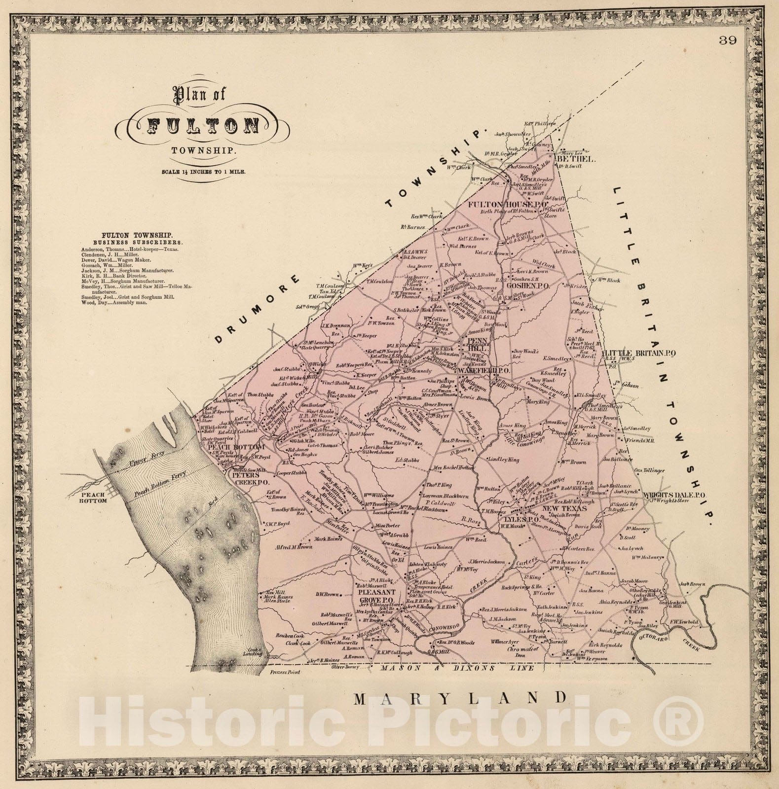 Historic Map : 1864 Fulton Township, Lancaster County, Pennsylvania. - Vintage Wall Art
