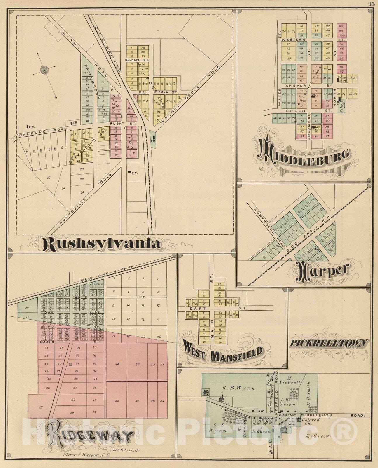Historic Map : 1875 Rushsylvania, Ridgeway, Middleburg, Harper, West Mansfield, and Pickelltown, Logan County, Ohio. - Vintage Wall Art