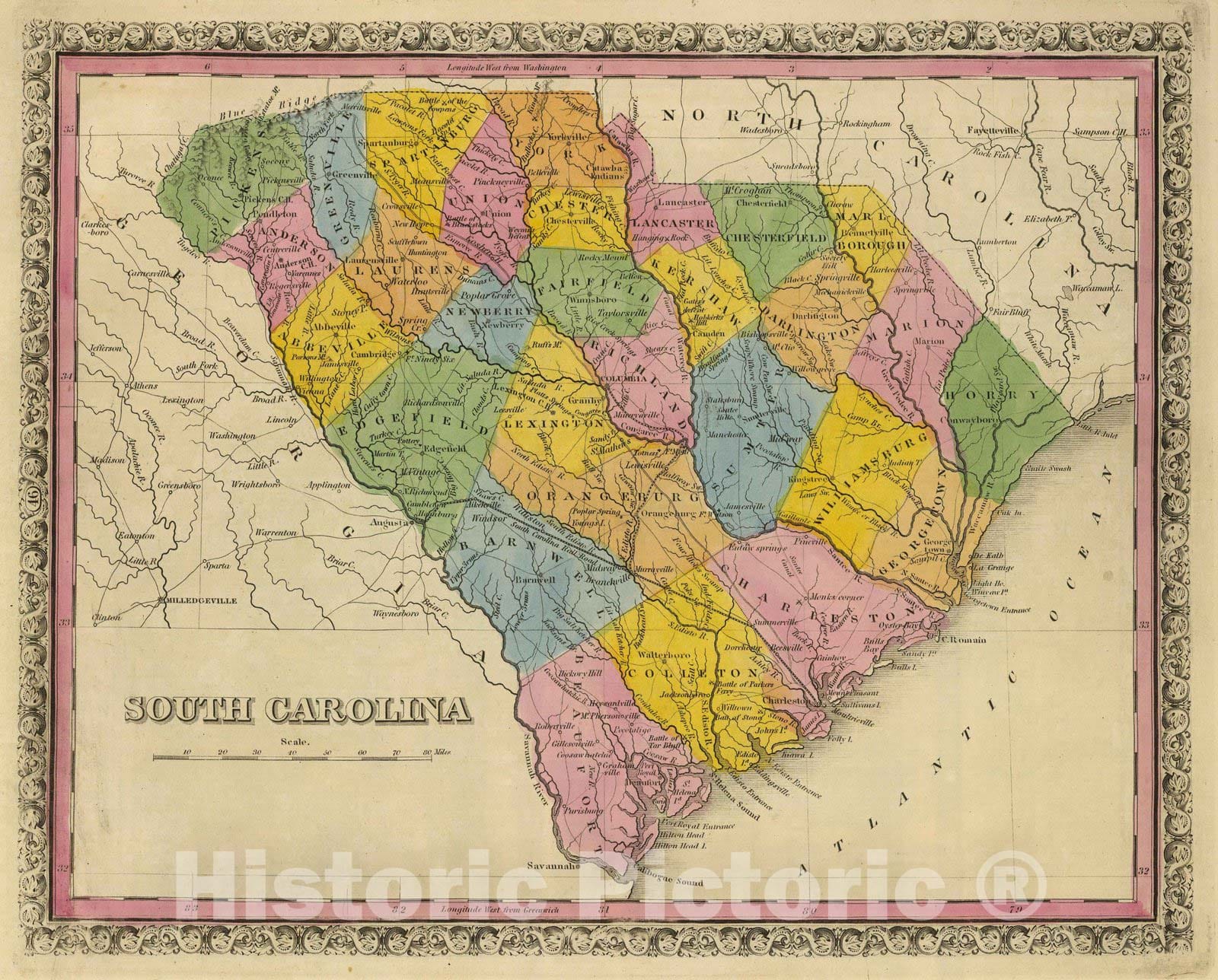 Historic Map : 1845 South Carolina. - Vintage Wall Art