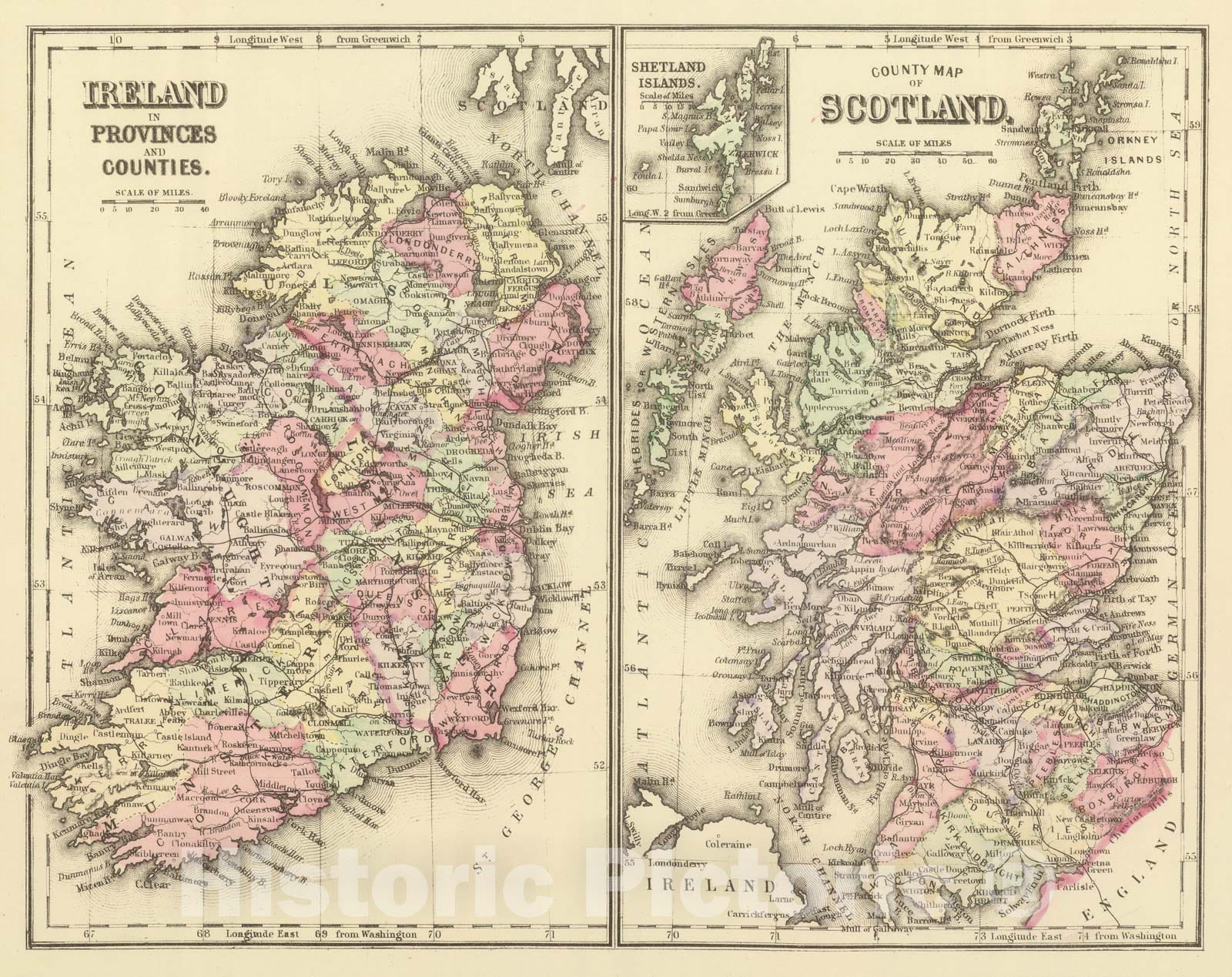 Historic Map : 1884 Ireland, Scotland. - Vintage Wall Art