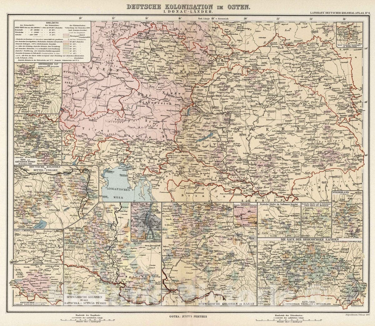 Historic Map : Austria, 1897 Nr. 6. Deutsche Kolonisation im Osten. I. Donau-Lander. (German colonization in the Danube east.) , Vintage Wall Art