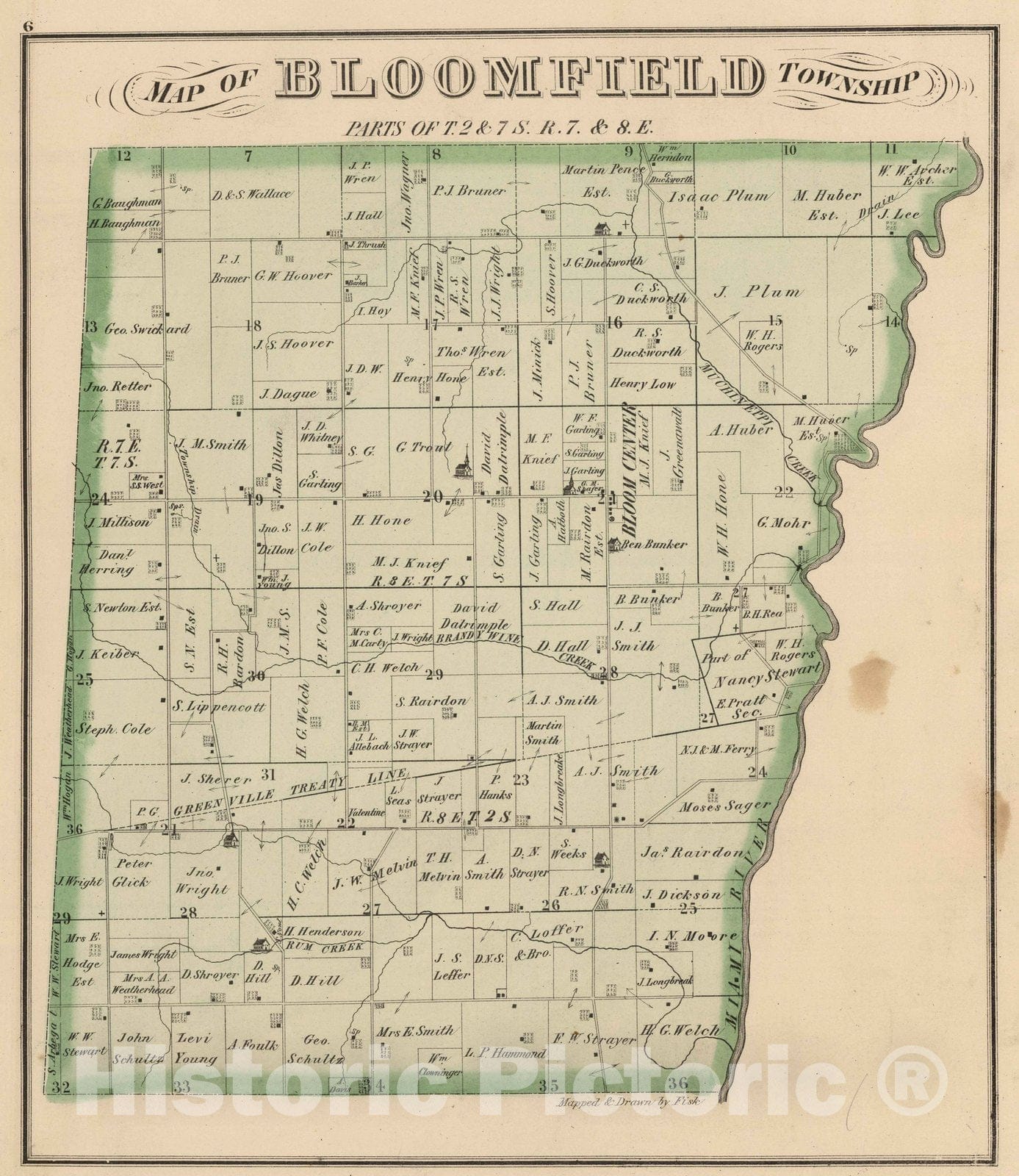 Historic Map : 1875 Bloomfield Township, Logan County, Ohio. - Vintage Wall Art