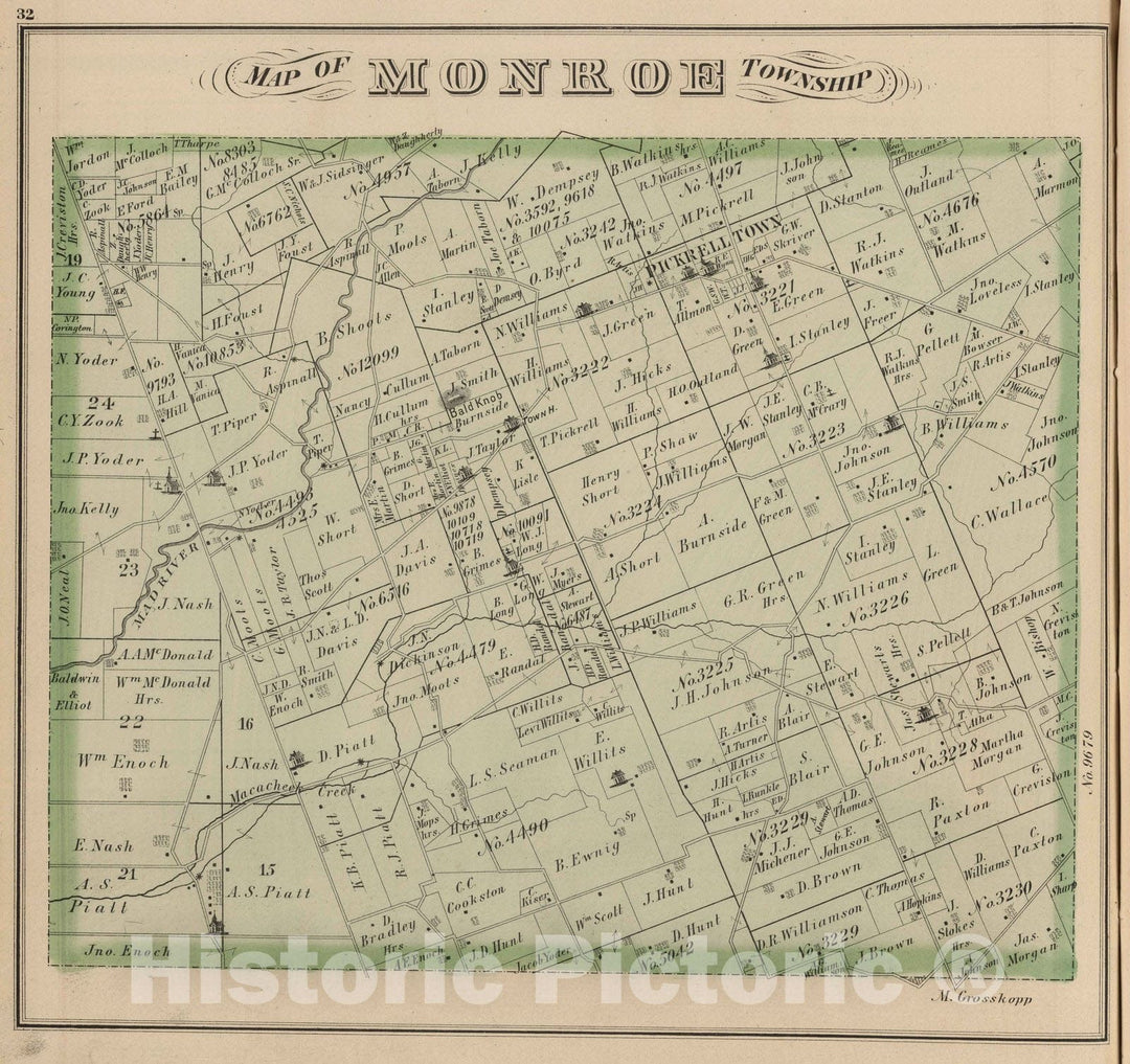 Historic Map : 1875 Monroe Township, Logan County, Ohio. - Vintage Wall Art