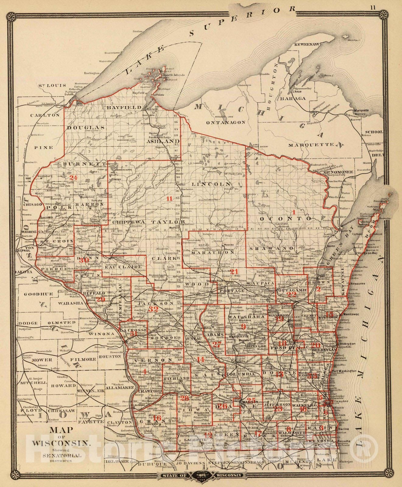 Historic Map : 1878 Map of Wisconsin showing senatorial districts. - Vintage Wall Art