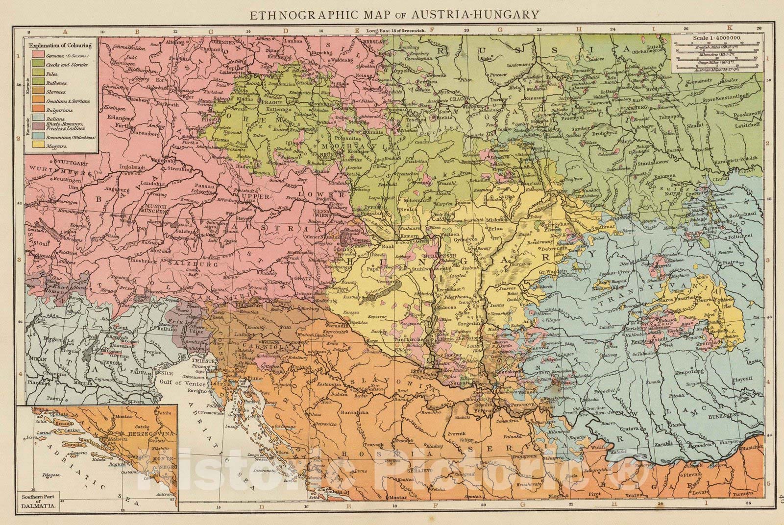 Historic Map : 1895 Ethnog. Austria-Hungary - Vintage Wall Art