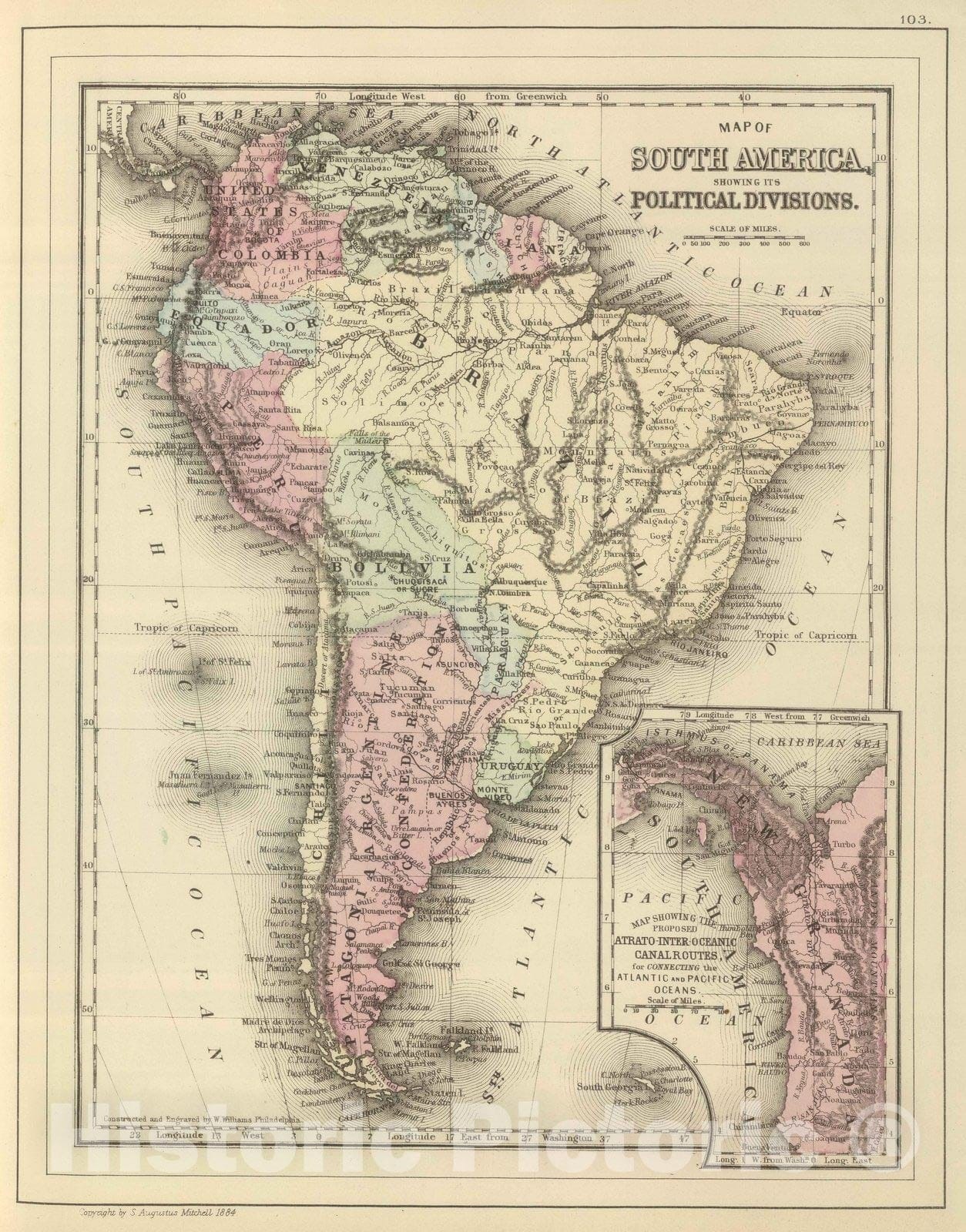 Historic Map : 1884 South America : Vintage Wall Art