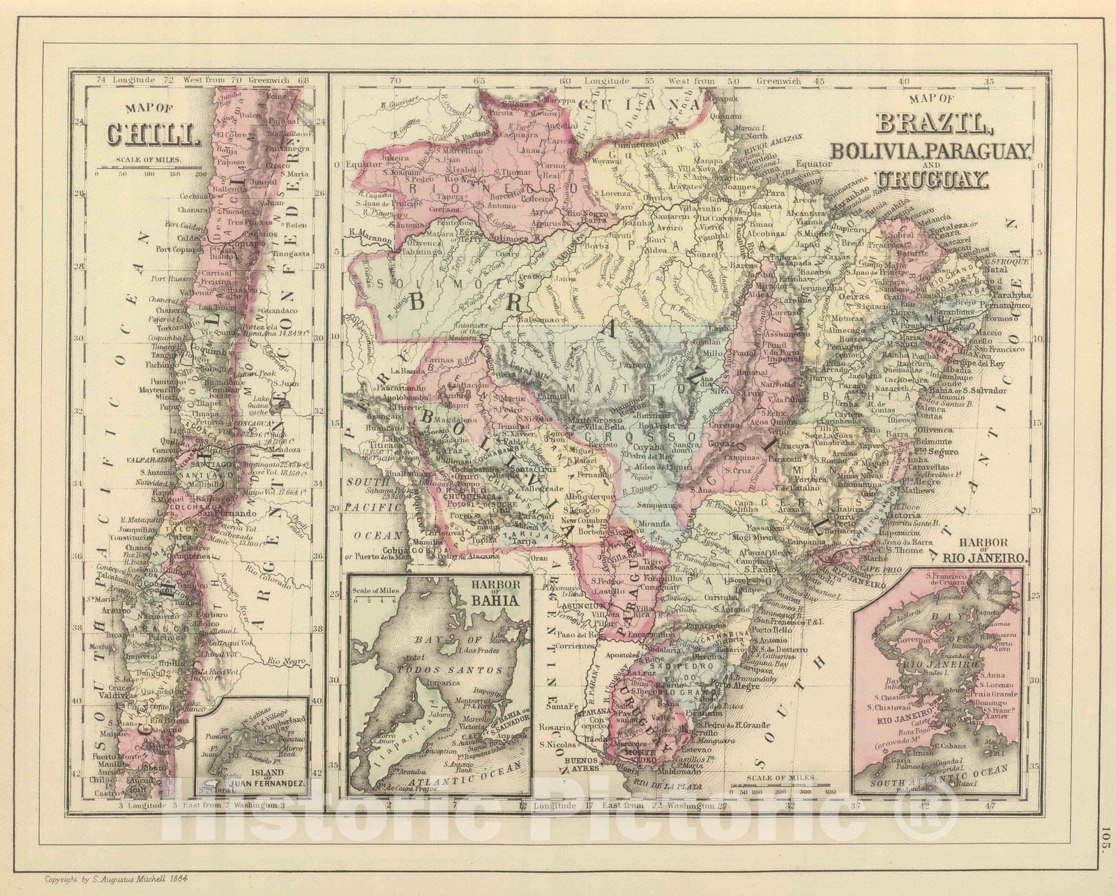 Historic Map : Brazil; Chile, , South America 1886 Brazil, Bolivia, Paraguay, Uruguay. v1 , Vintage Wall Art