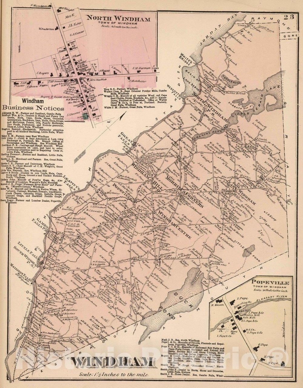 Historic Map - 1871 Windham, Cumberland County, Maine. North Windham. Popeville. - Vintage Wall Art
