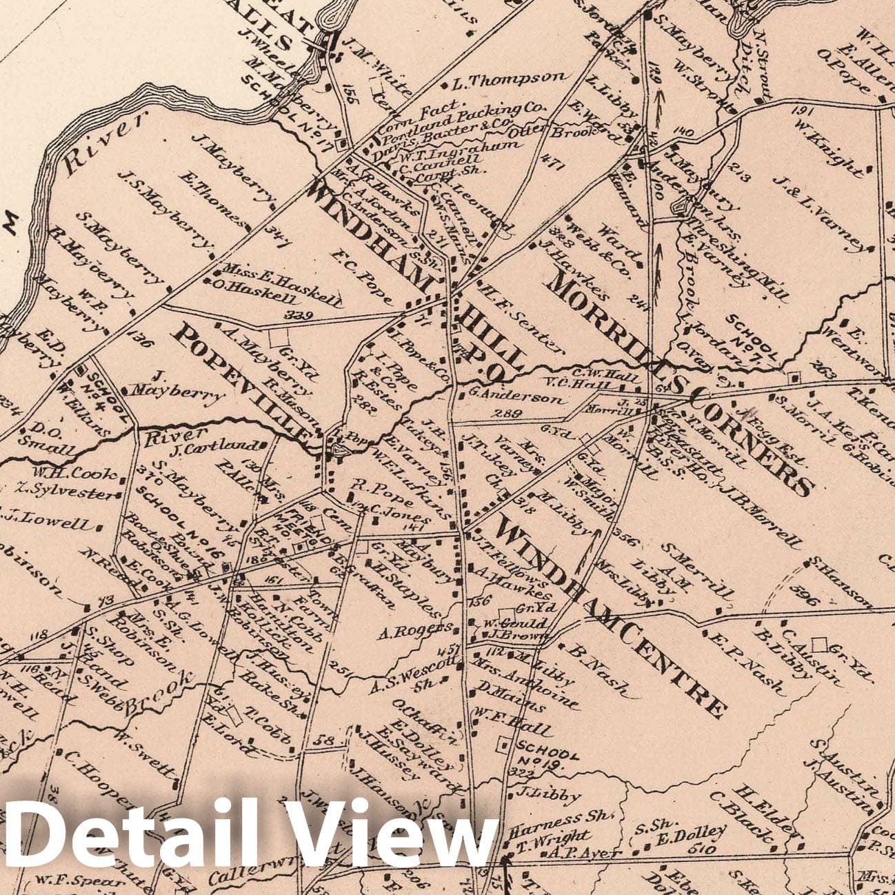Historic Map - 1871 Windham, Cumberland County, Maine. North Windham. Popeville. - Vintage Wall Art