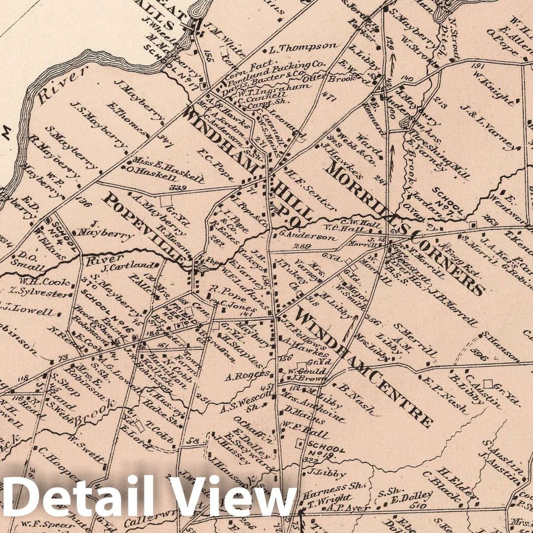 Historic Map - 1871 Windham, Cumberland County, Maine. North Windham. Popeville. - Vintage Wall Art