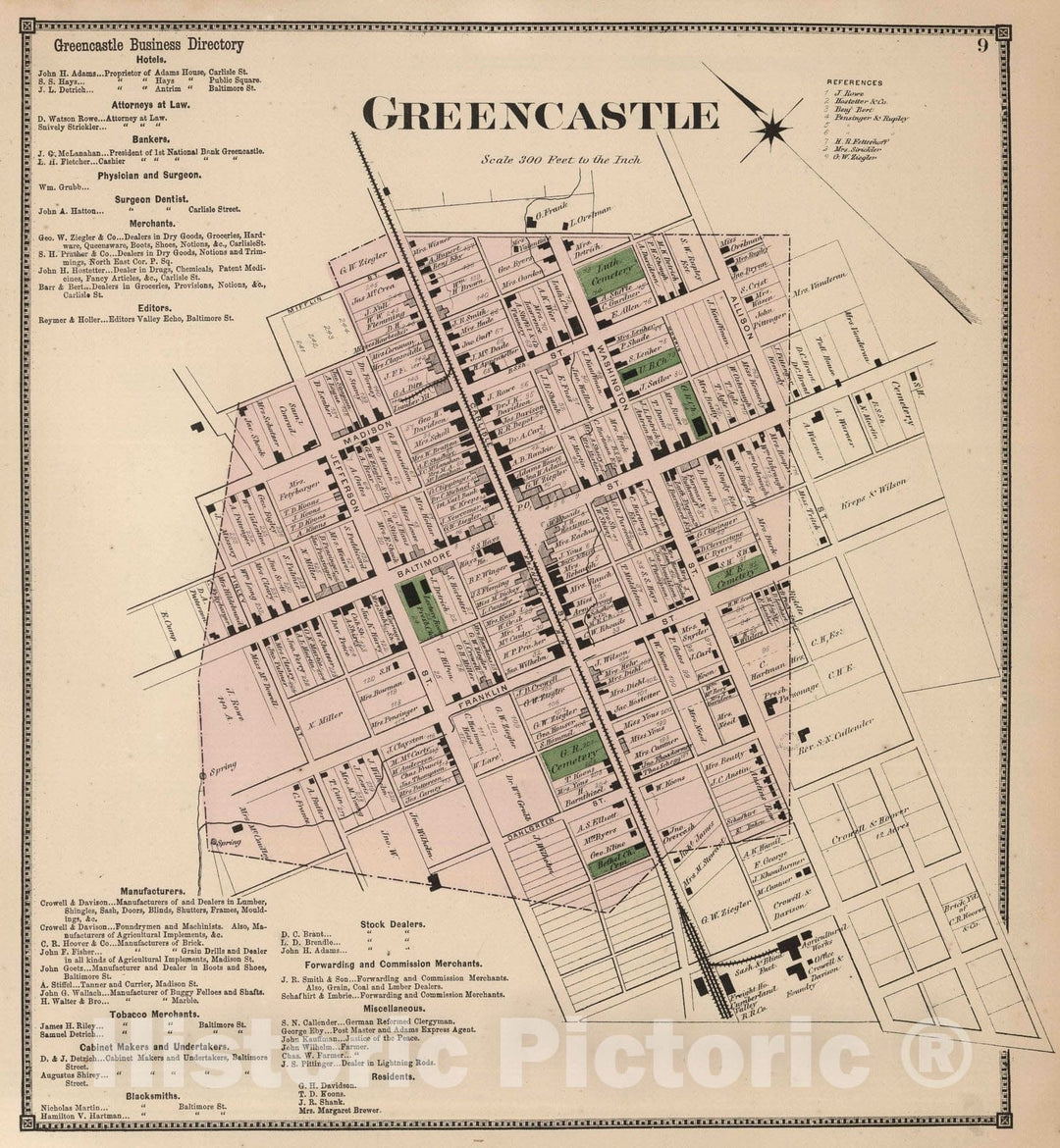 Historic Map : 1868 Greencastle, Franklin County, Pennsylvania. - Vintage Wall Art