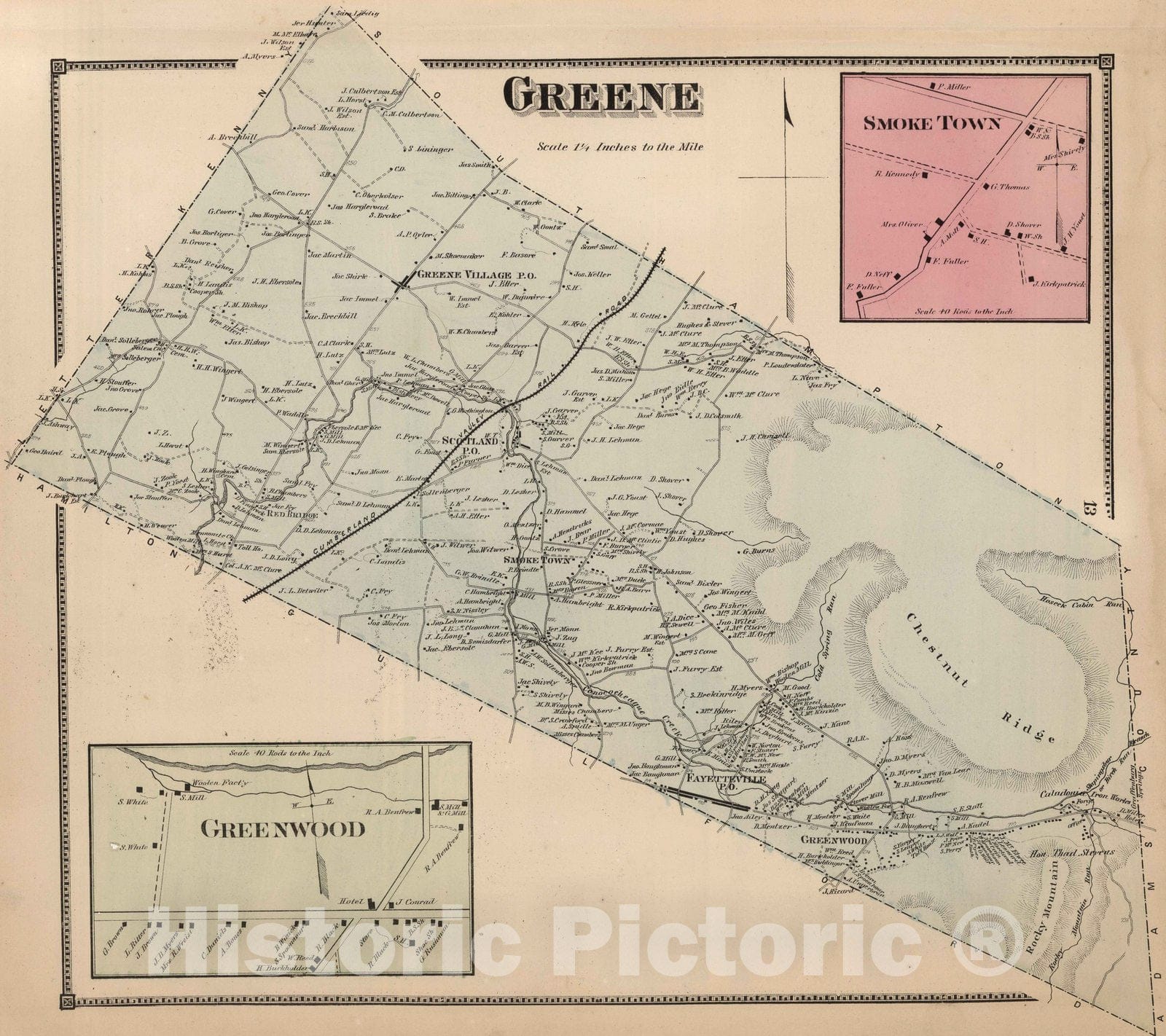 Historic Map : 1868 Green, Franklin County, Pennsylvania. Smoke Town. Greenwood. - Vintage Wall Art