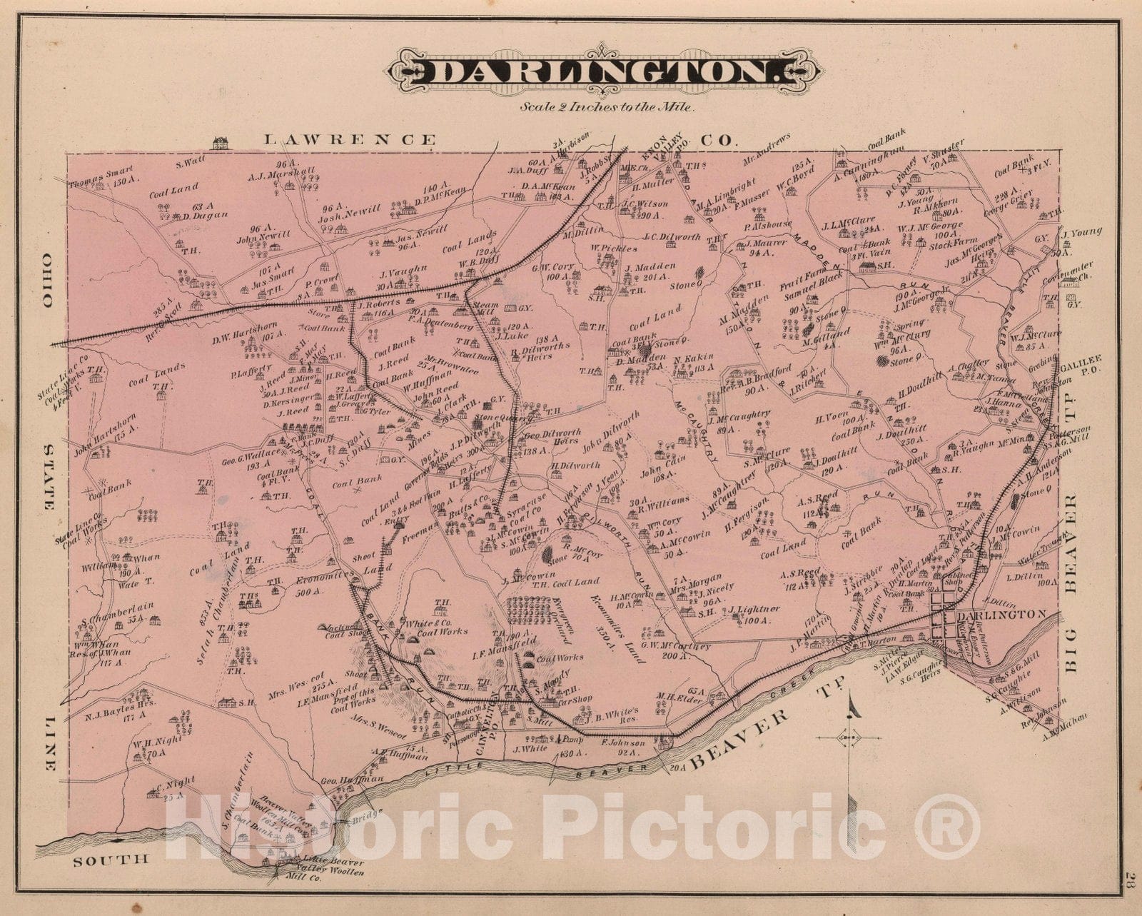 Historic Map 1876 Darlington Township, Beaver County PA. Vintage W