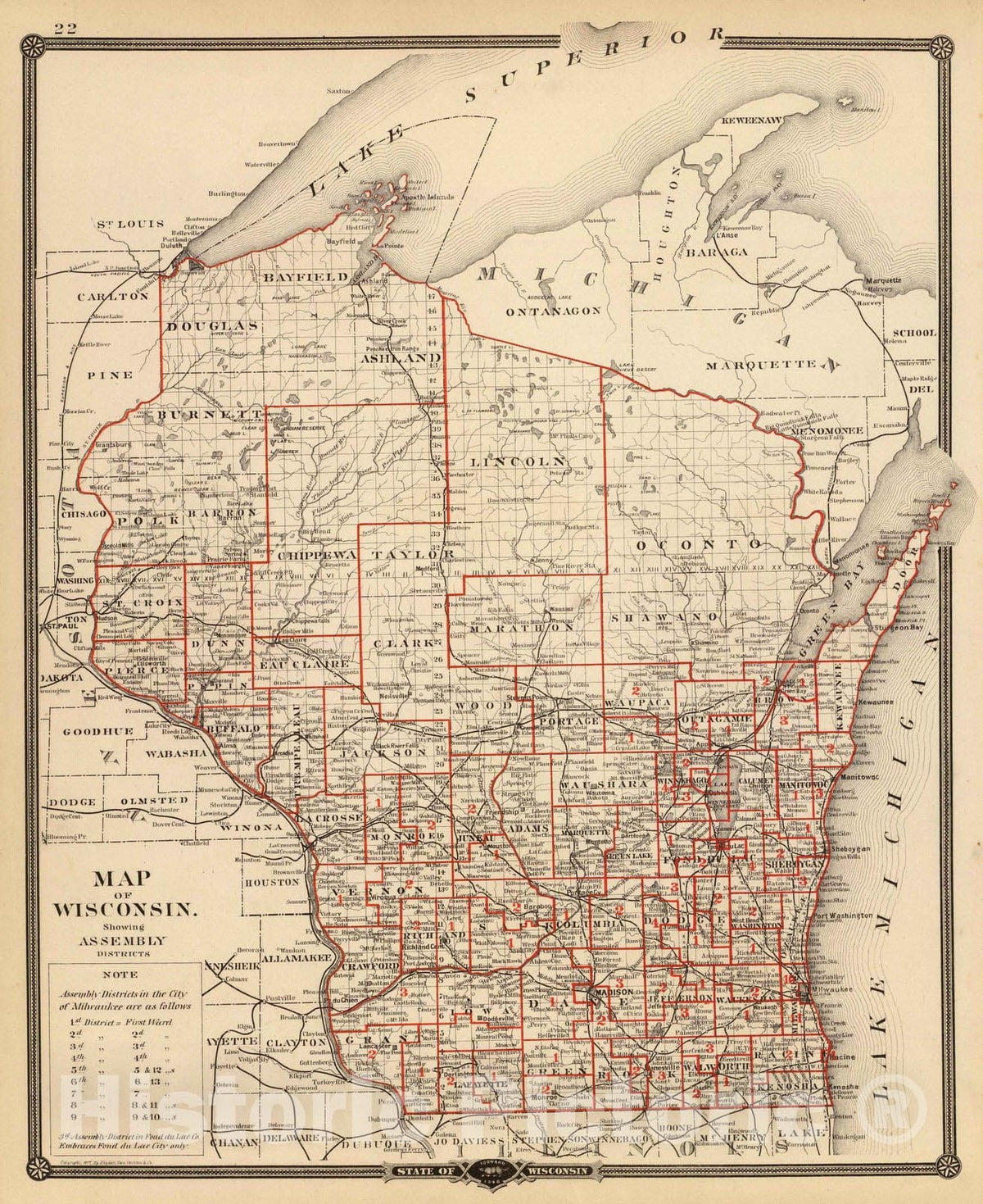 Historic Map : 1878 Map of Wisconsin, showing assembly districts. - Vi ...
