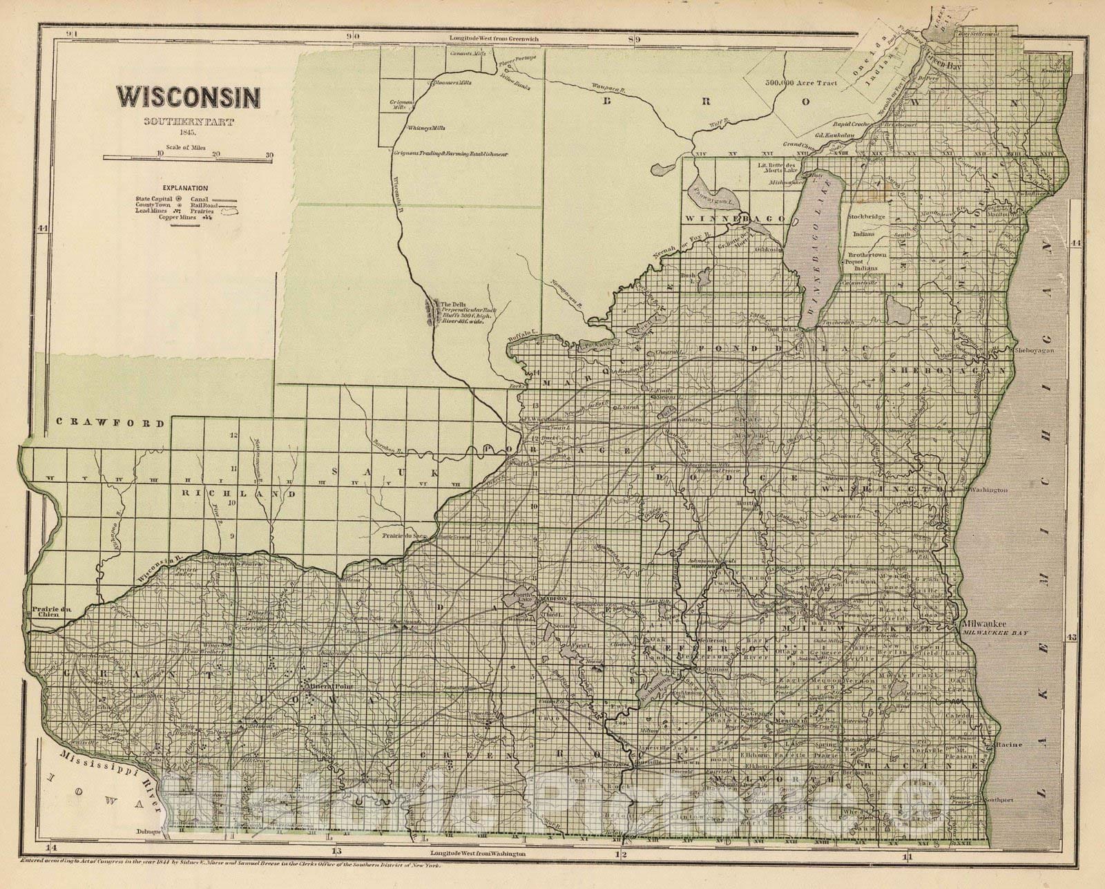 Historic Map : National Atlas - 1845 Wisconsin S. part. - Vintage Wall Art