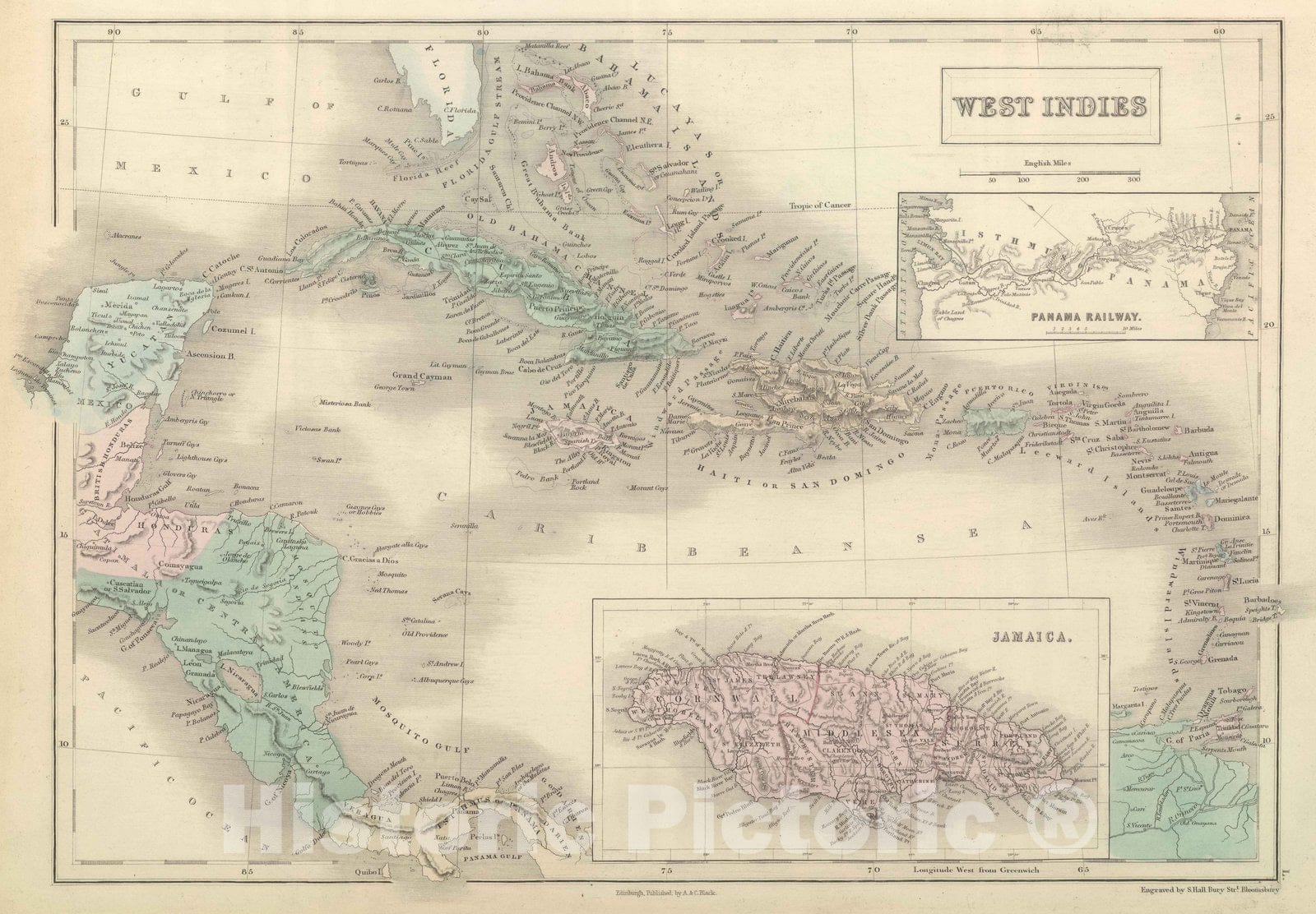 Historic Map : 1854 Map of the West Indies : Vintage Wall Art