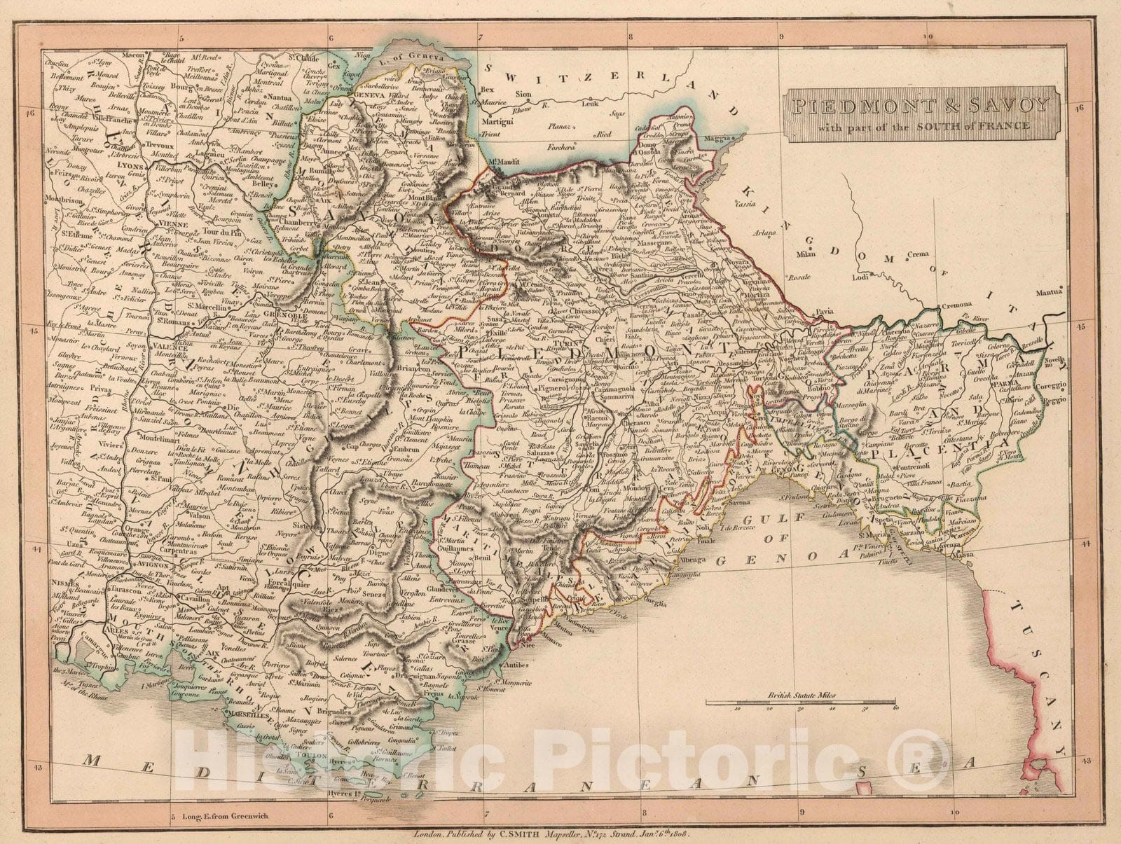 Historic Map : 1808 Piedmont & Savoy with Part of the South of France. - Vintage Wall Art