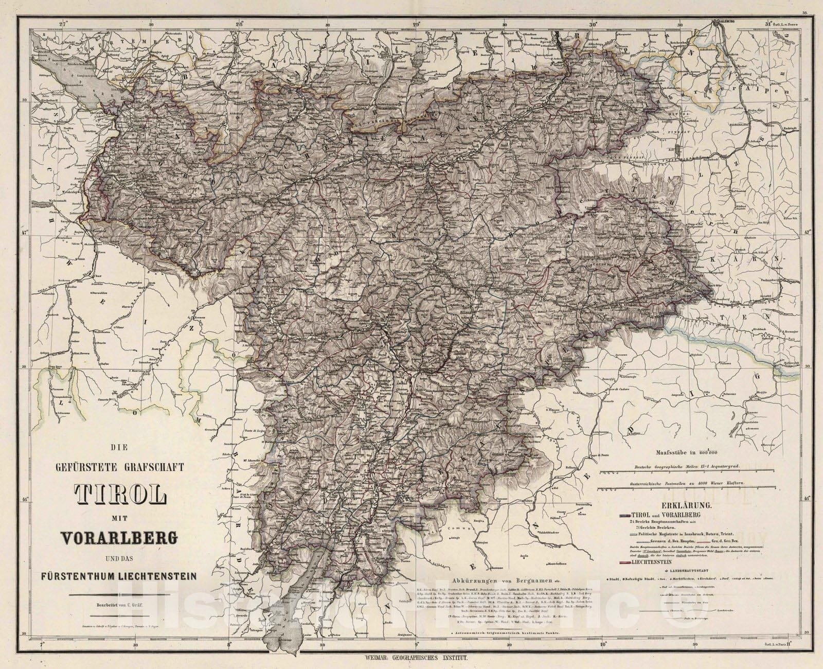 Historic Map : Liechtenstein, 1875 Tirol, Austria. , Vintage Wall Art