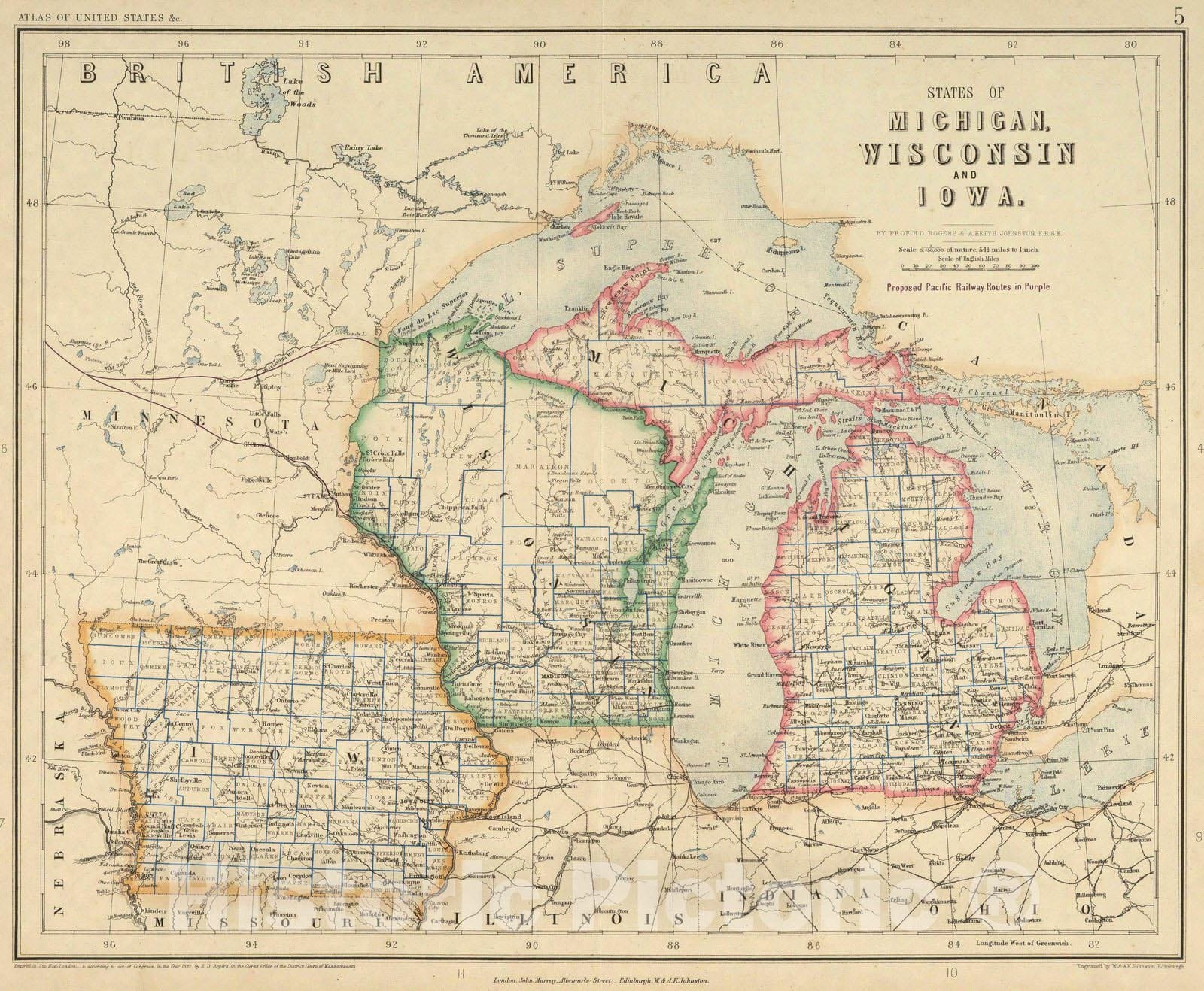 Historic Map : National Atlas - 1857 States of Michigan, Wisconsin and Iowa. - Vintage Wall Art