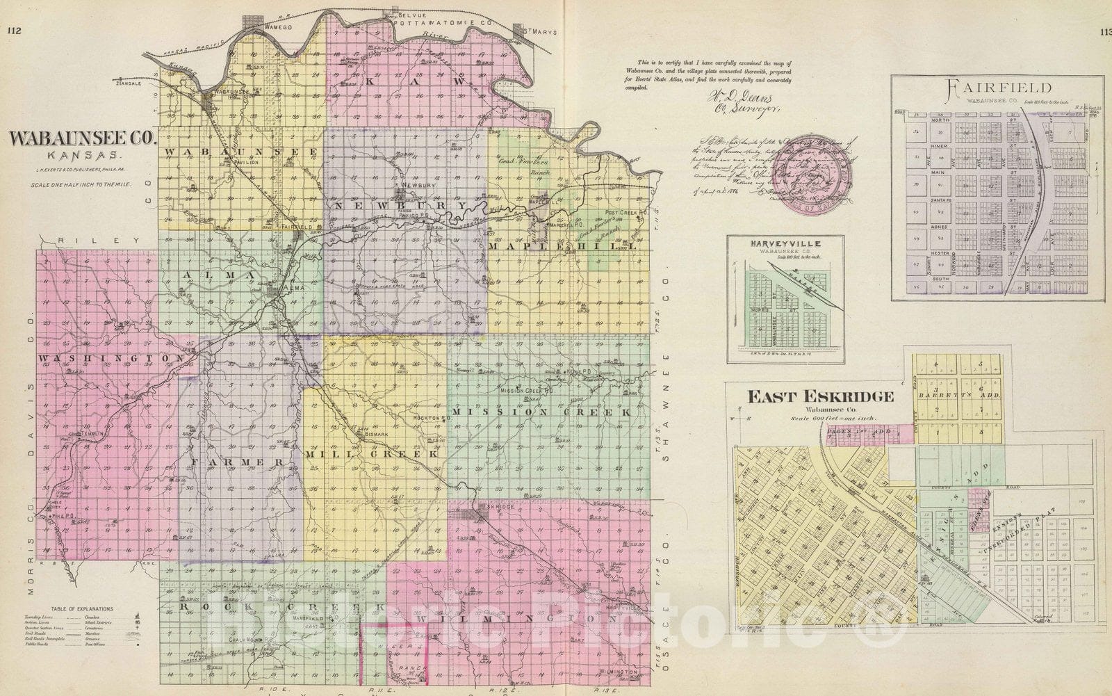 Historic Map : 1887 Wabaunsee Co, E. Eskridge, Fairfield & Harveyville, Kansas. - Vintage Wall Art