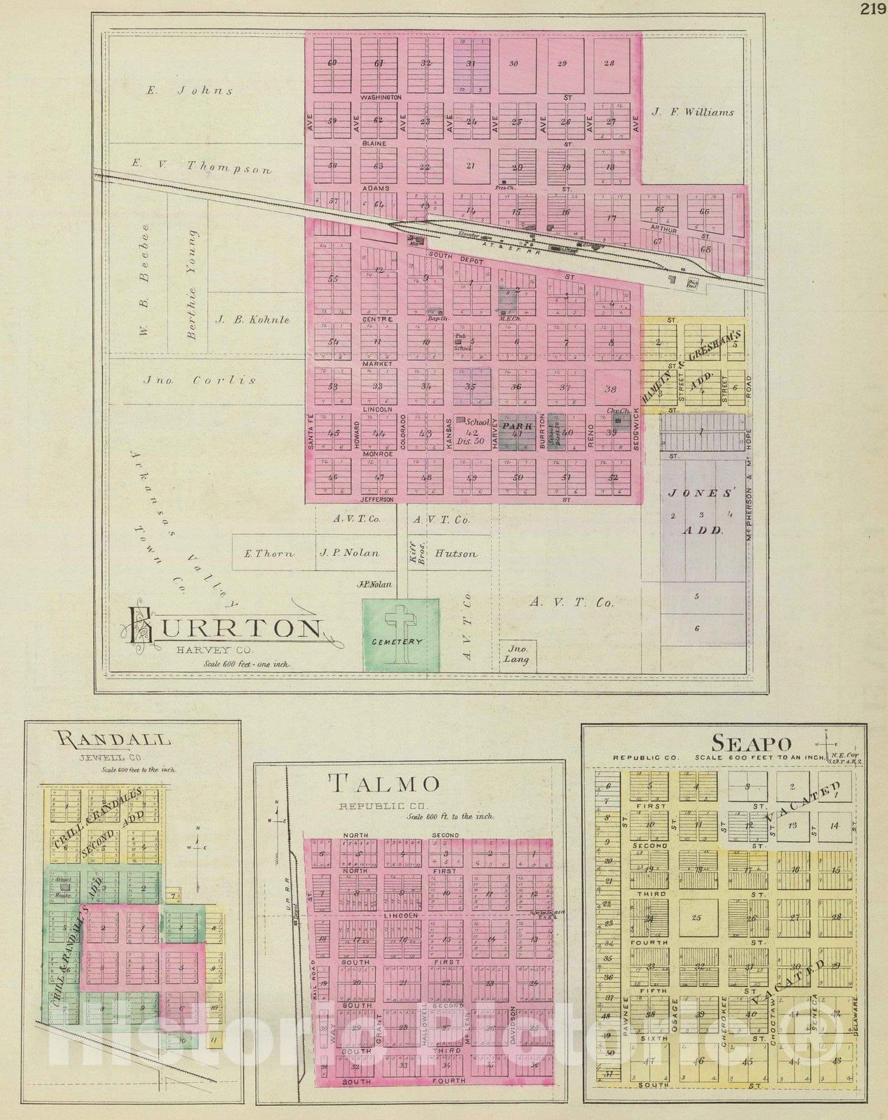 Historic Map : Burrton (Kan.), Kansas, 1887 Burrton, Randall, Talmo, Seapo. , Vintage Wall Art