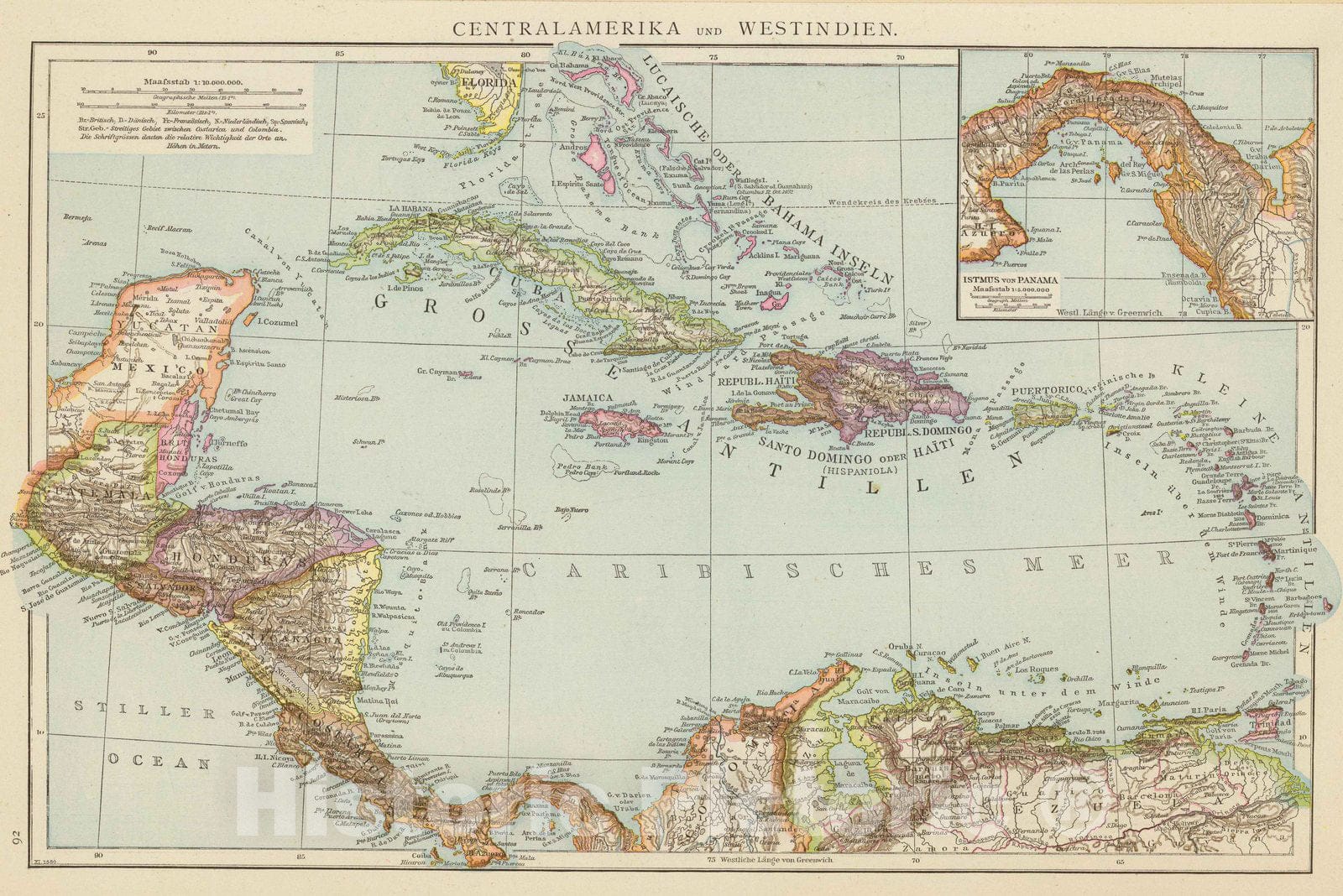 Historic Map : Panama, , Central America; West Indies 1881 Centralamerika und Westindien. , Vintage Wall Art