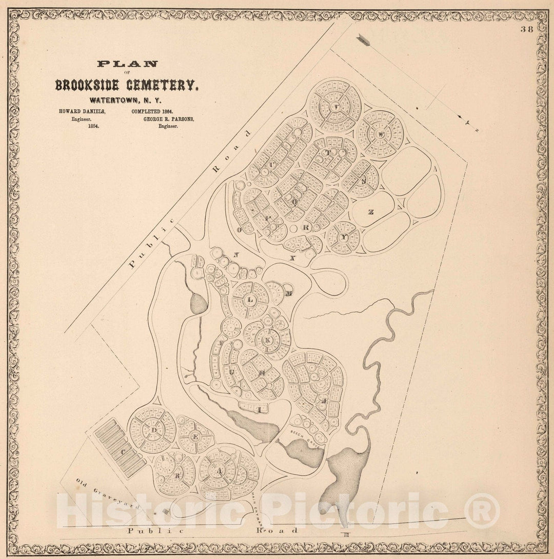 Historic Map : 1864 Brookside Cemetery, Watertown, New York. - Vintage Wall Art