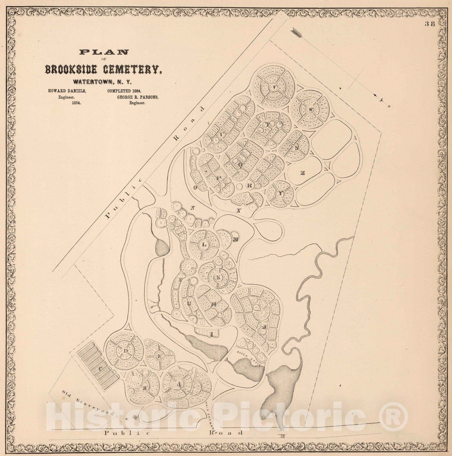Historic Map : 1864 Brookside Cemetery, Watertown, New York. - Vintage Wall Art