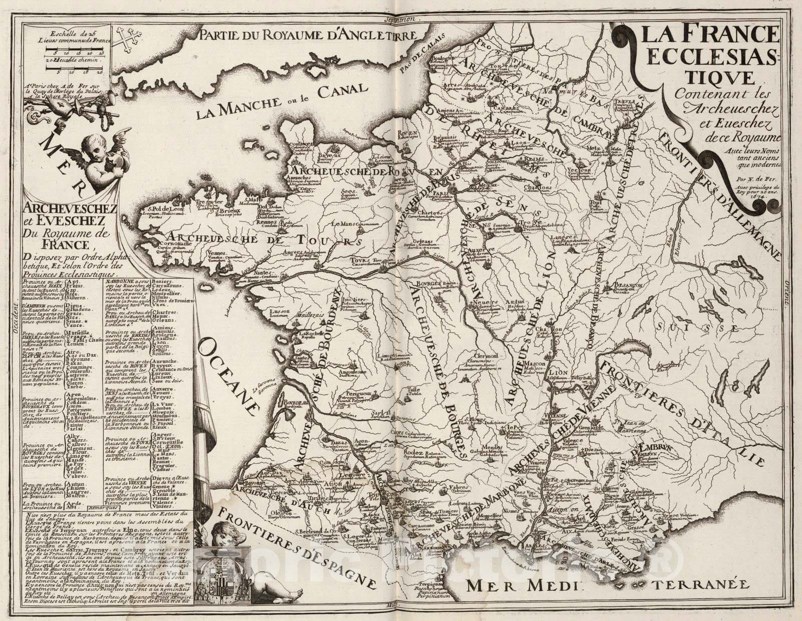 Historic Map : France, 1674 La France Ecclesiastique. , Vintage Wall Art
