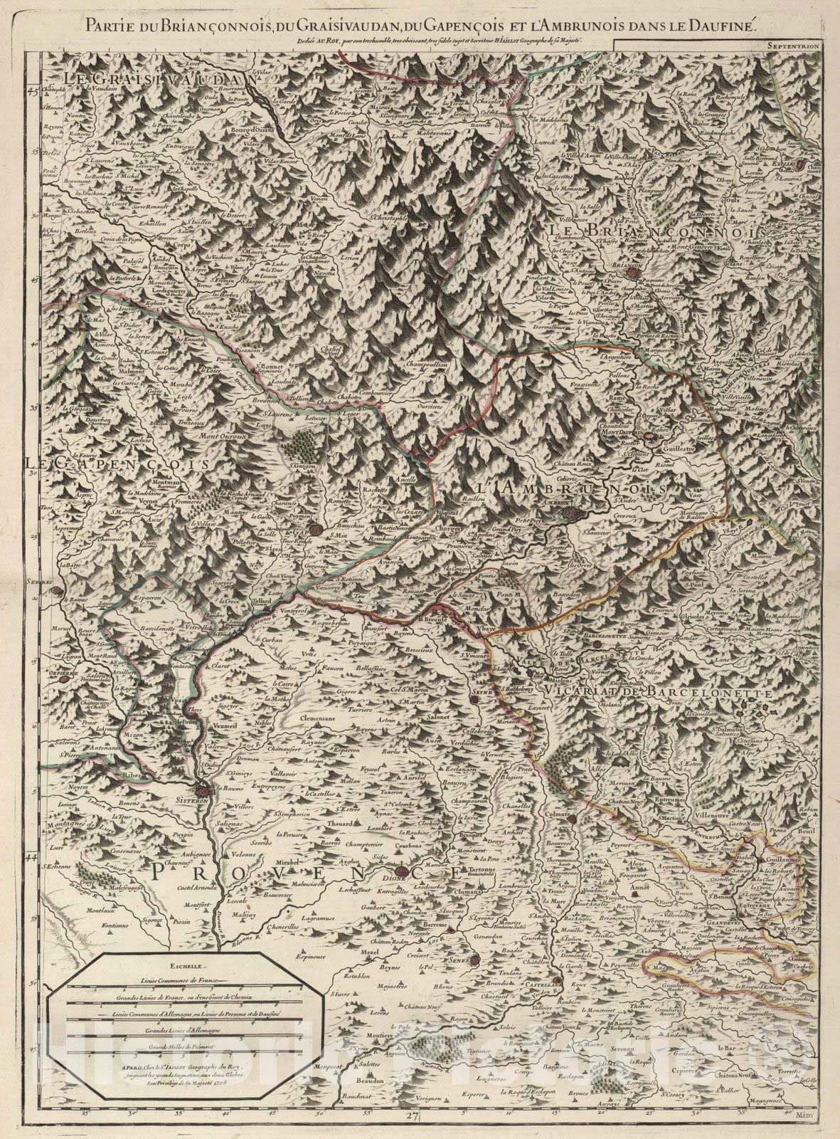 Historic Map : Savoy , France 1695 Les Estats de Savoye et de Piemont (south central sheet). , Vintage Wall Art