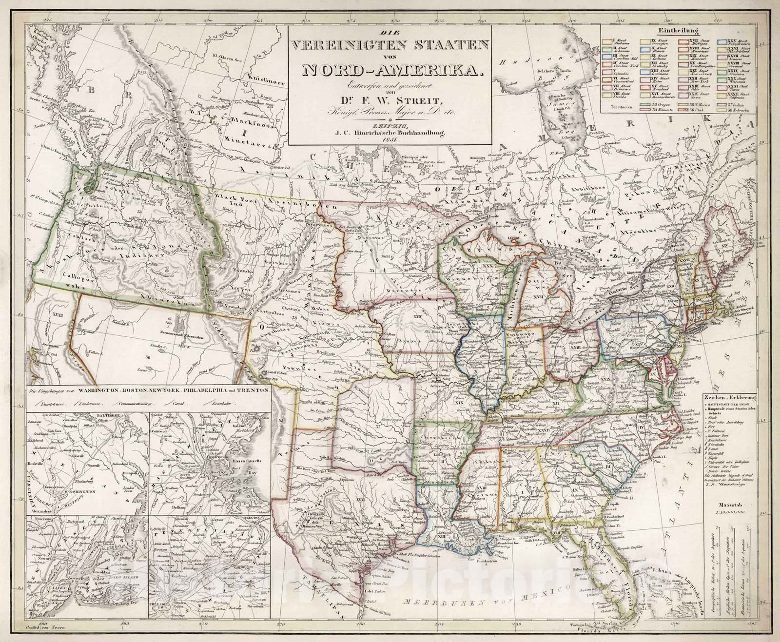 Historic Map : United States, , North America 1854 Vereinigten Staaten von Nord-Amerika , Vintage Wall Art