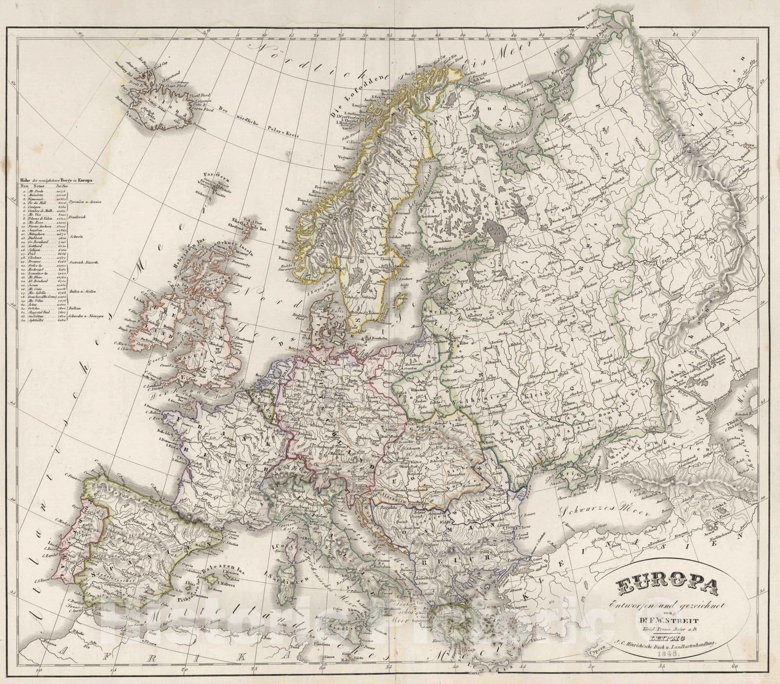 Historic Map : 1846 Europa. Entworfen und gezeichnet von Dr. F.W. Streit - Vintage Wall Art