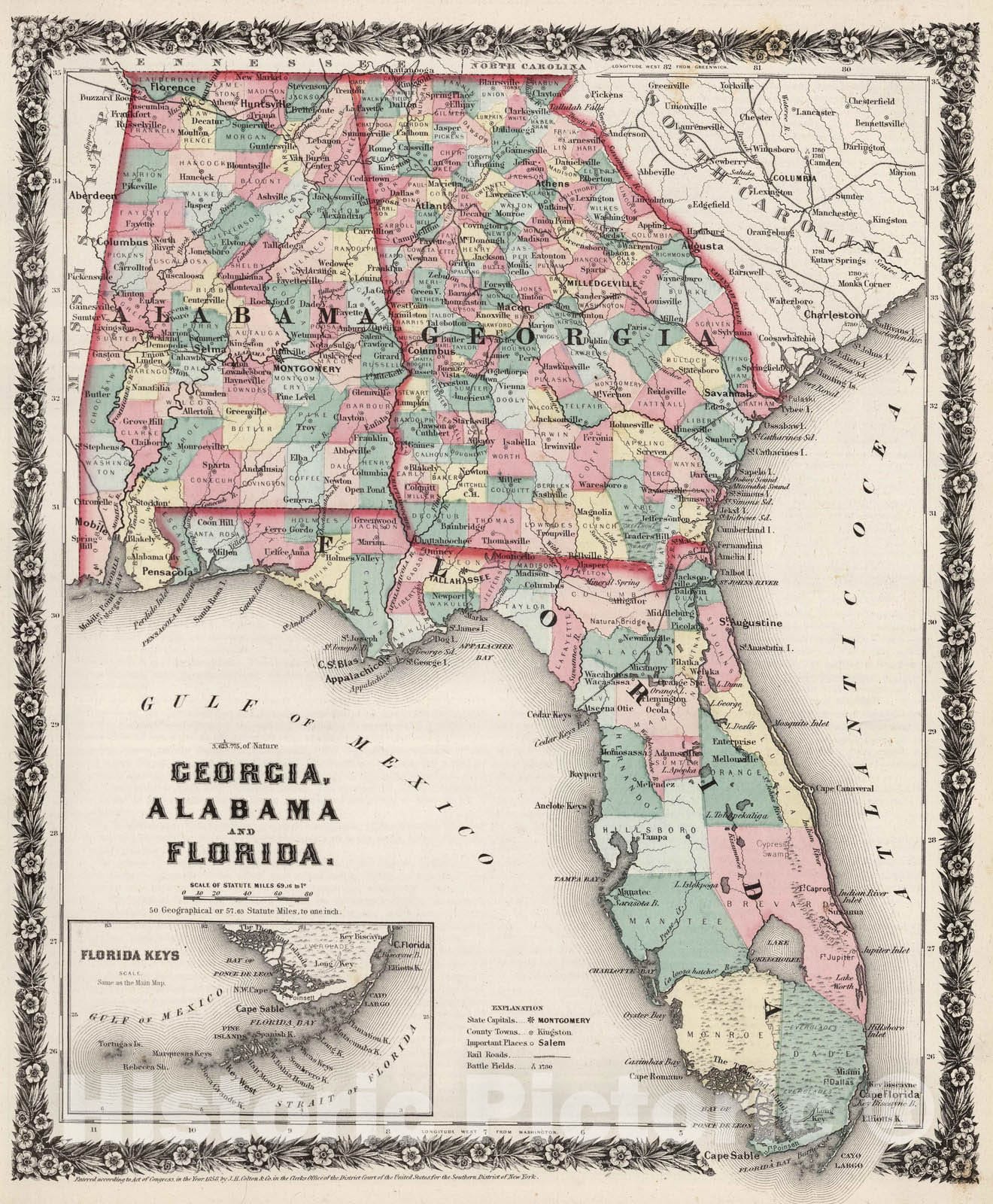 Historic Map : 1858 Georgia, Alabama, and Florida. - Vintage Wall Art