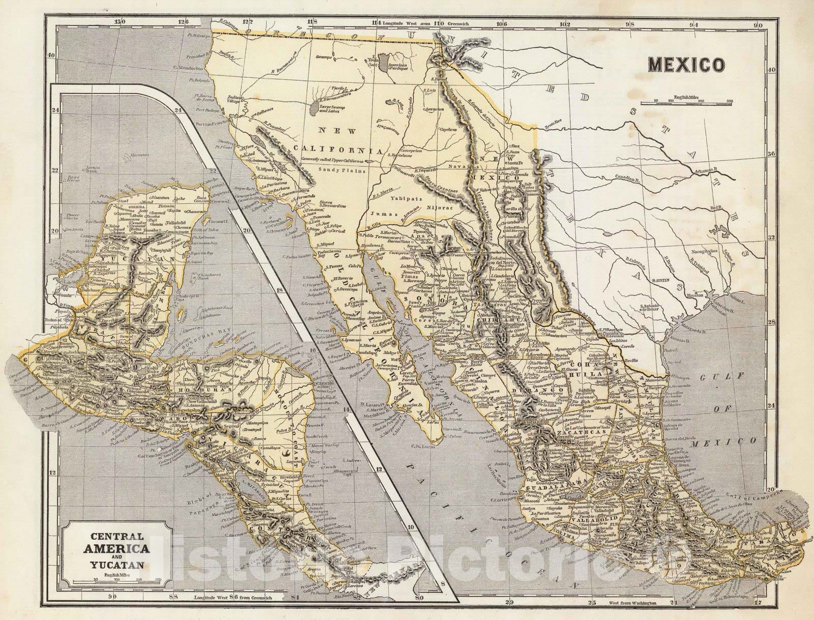 Historic Map : National Atlas - 1845 Mexico, Central America. - Vintage Wall Art