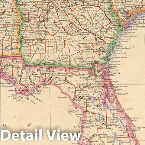 Historic Map : National Atlas - 1857 States Of South Carolina, Georgia, Alabama, And Florida. - Vintage Wall Art