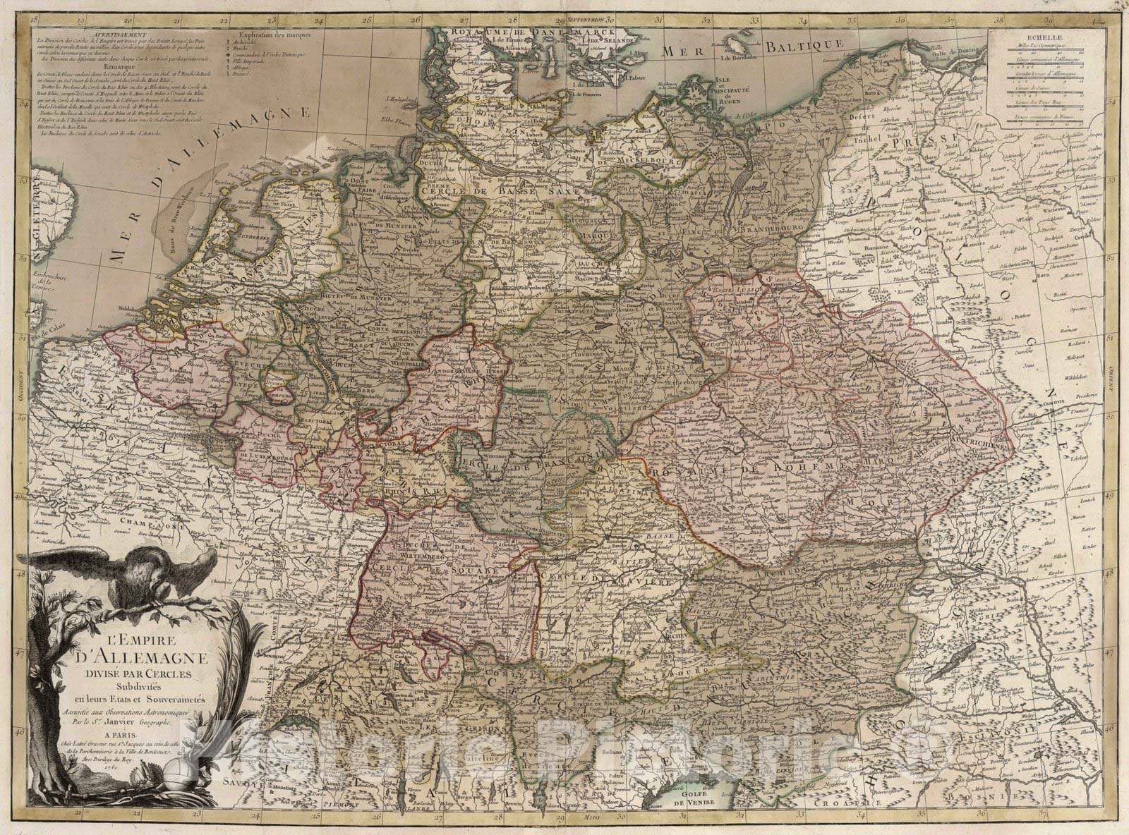 Historic Map : Germany, , Europe 1761 L'Empire d'Allemagne , Vintage Wall Art