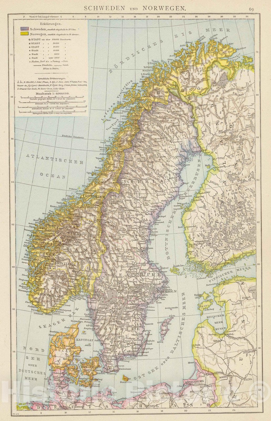 Historic Map : Norway; Sweden, Scandinavia 1881 Schweden, Norwegen. , Vintage Wall Art