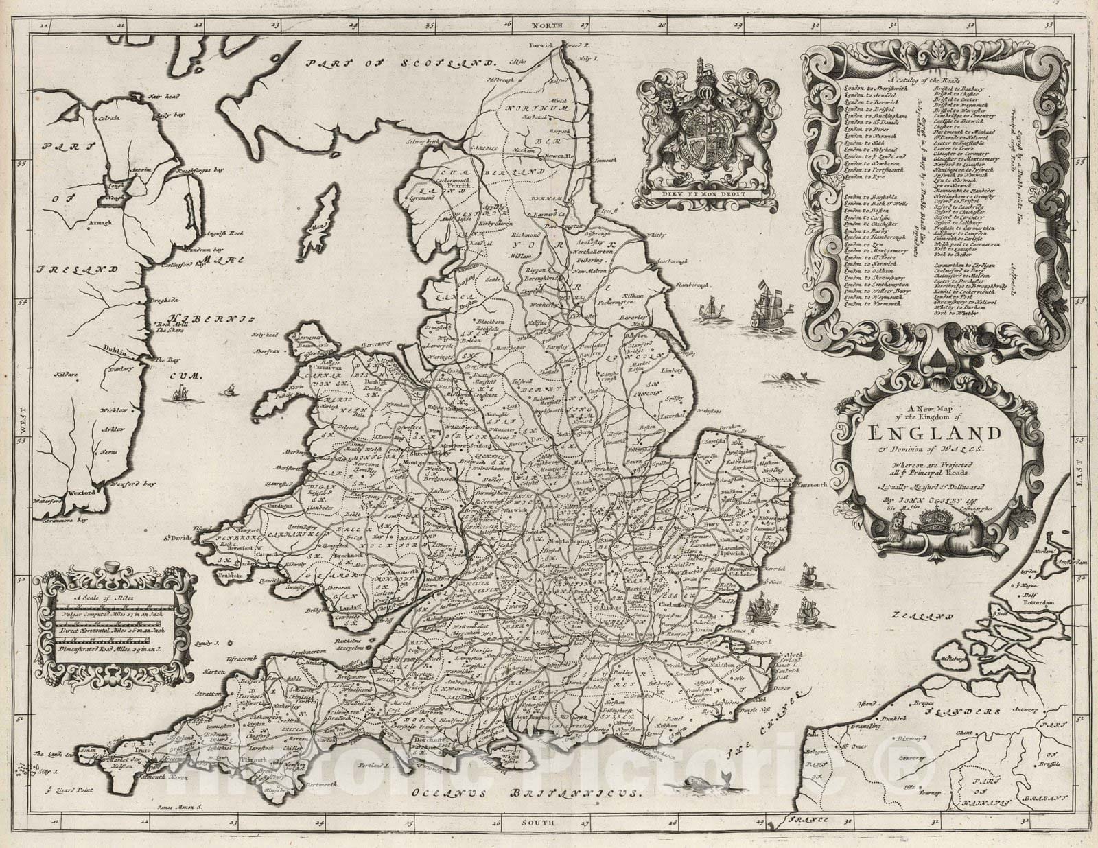 Historic Map : National Atlas - 1675 Kingdom of England & Dominion Wales. - Vintage Wall Art