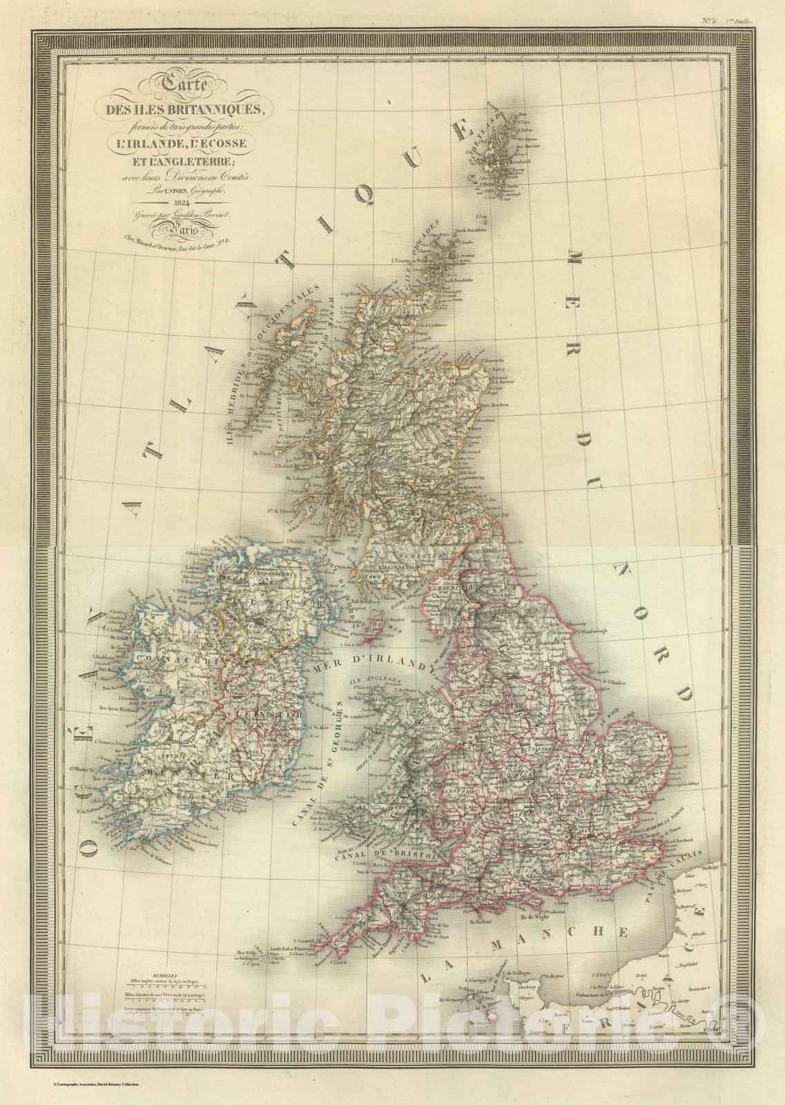 Historic Map : Ireland; Scotland, Britain 1824 Composite: Carte des Iles Britanniques. , Vintage Wall Art