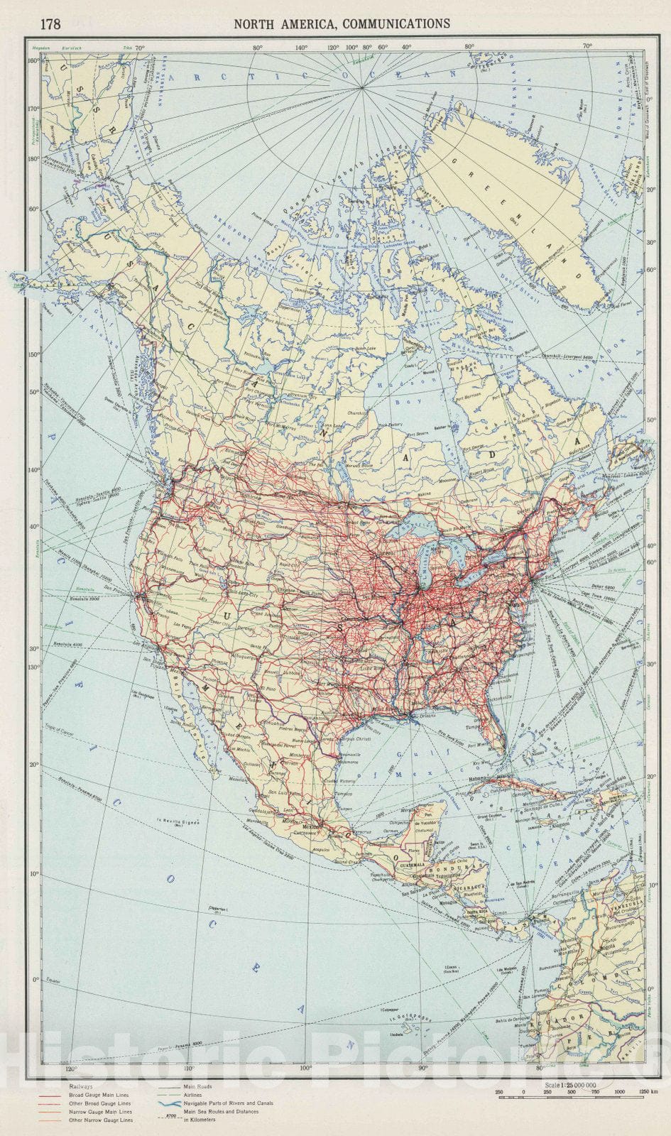 Historic Map : 1967 178. North America, Communications. The World Atlas. - Vintage Wall Art