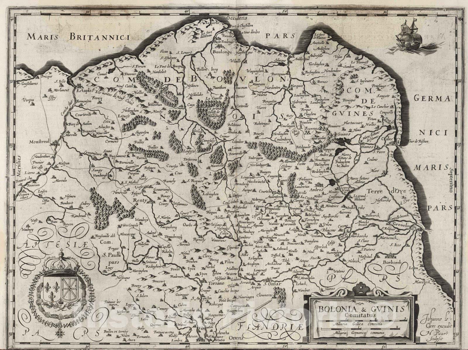 Historic Map : Artois , France 1632 Bolonia & Guinis Comitatus. , Vintage Wall Art