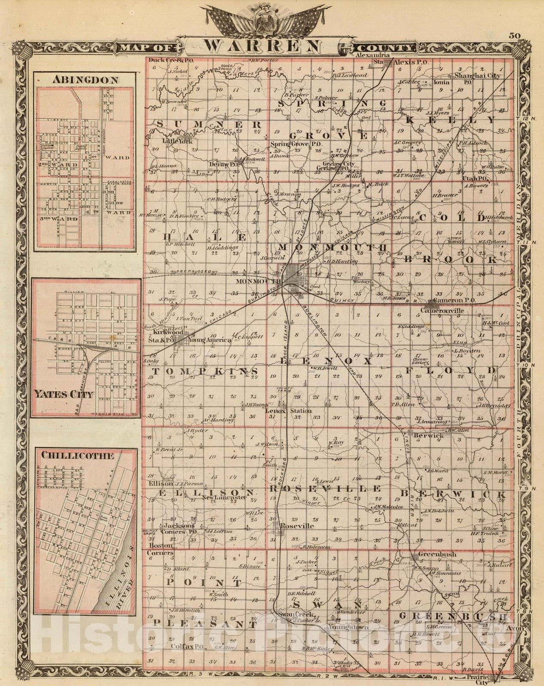 Historic Map : 1876 Map of Warren County, Abingdon, Yates City and Chillicothe. - Vintage Wall Art